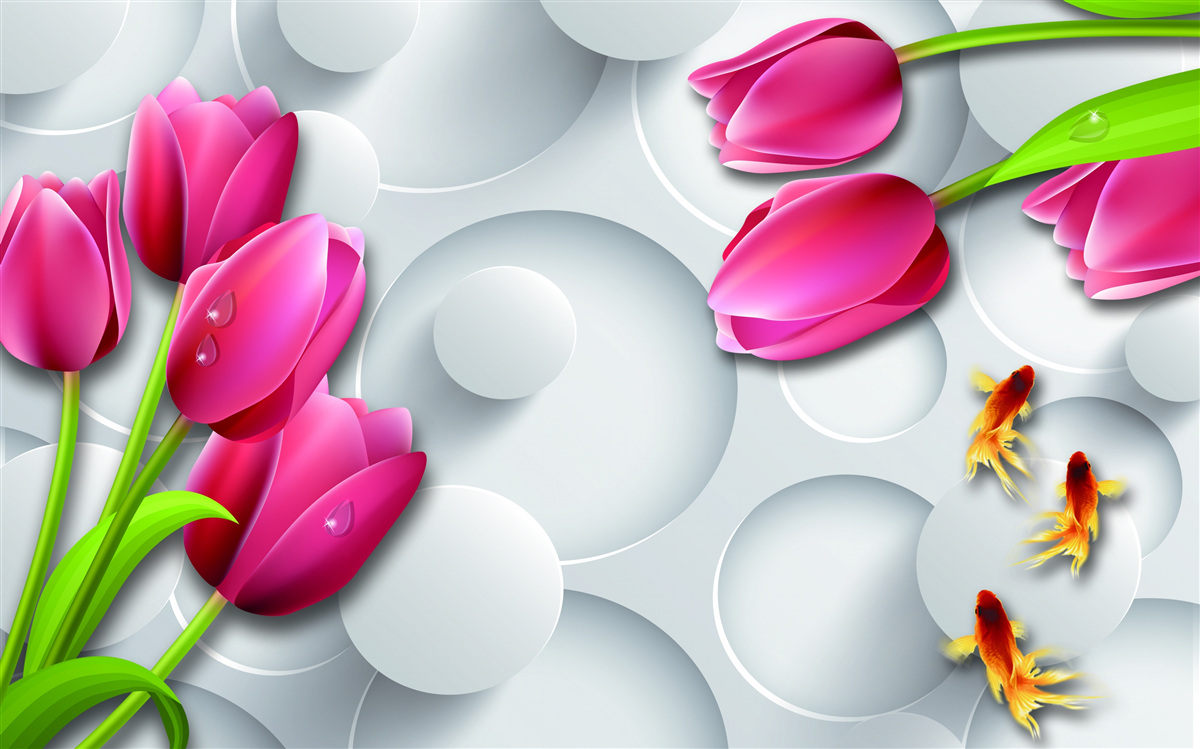 Papier peint papillons et bouquets de tulipes écarlates