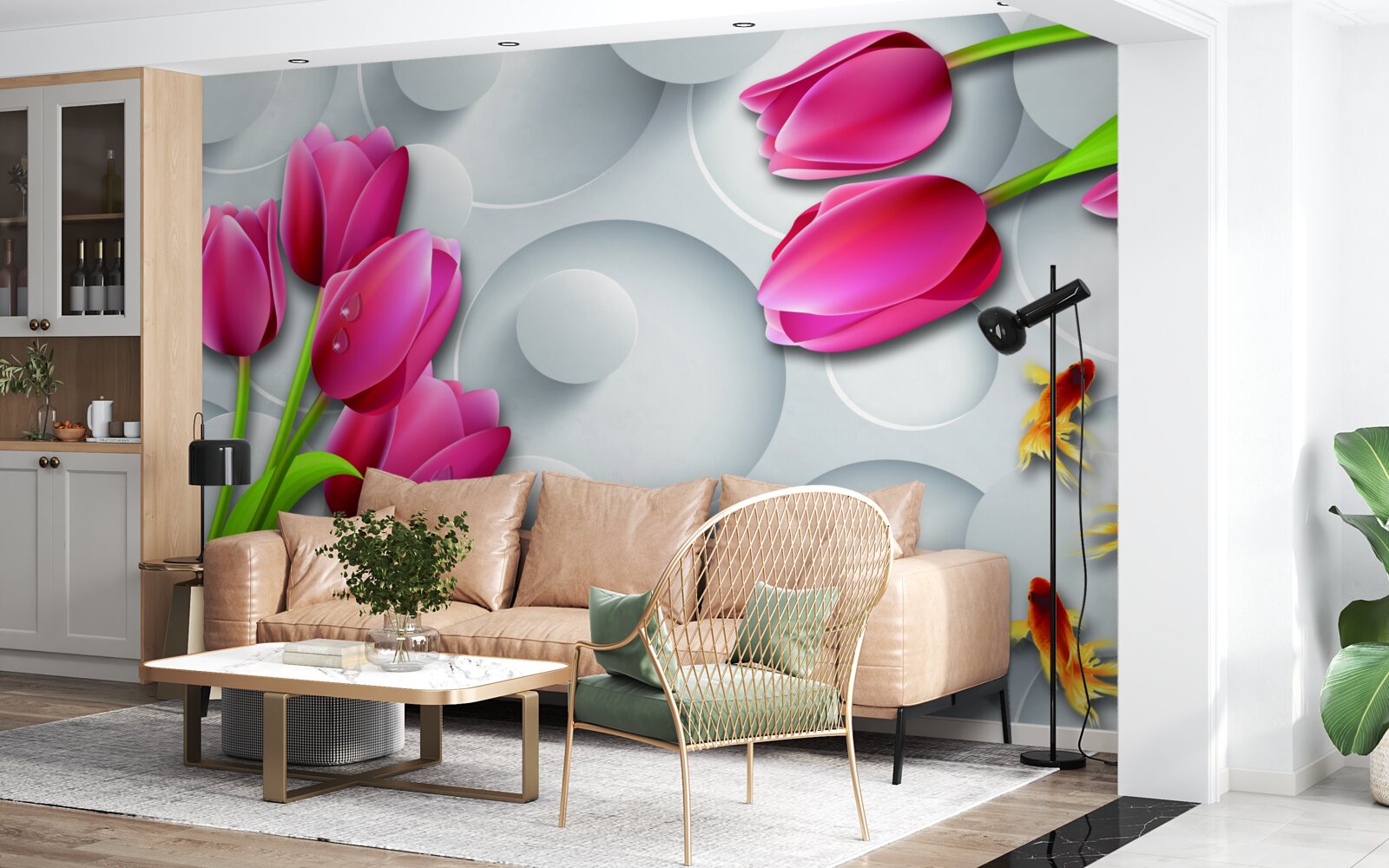 Papier peint papillons et bouquets de tulipes écarlates