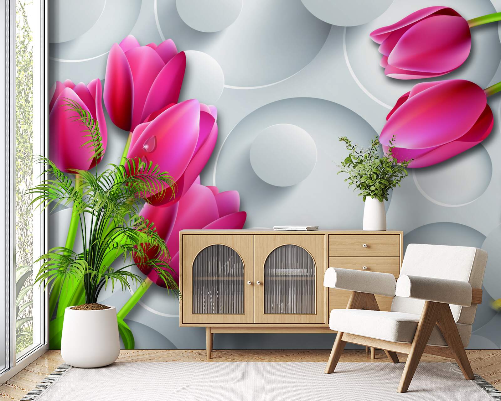 Papier peint papillons et bouquets de tulipes écarlates