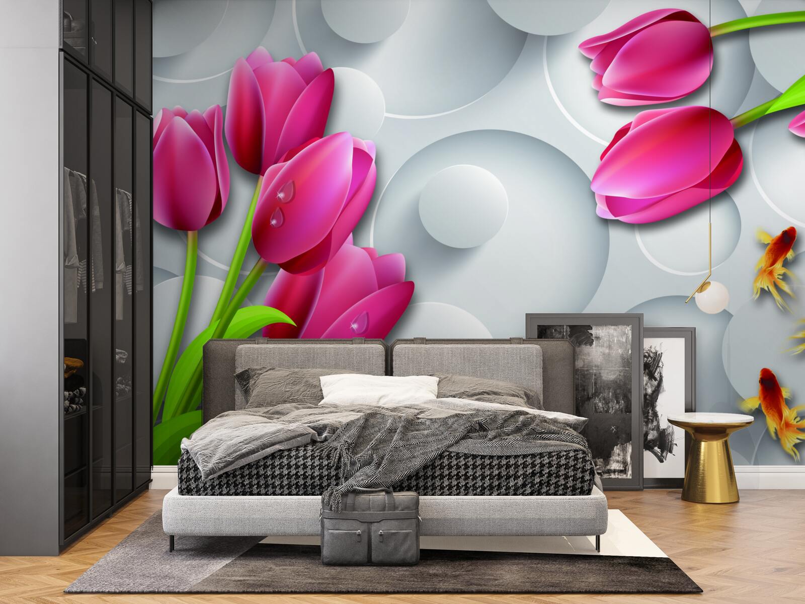 Papier peint papillons et bouquets de tulipes écarlates