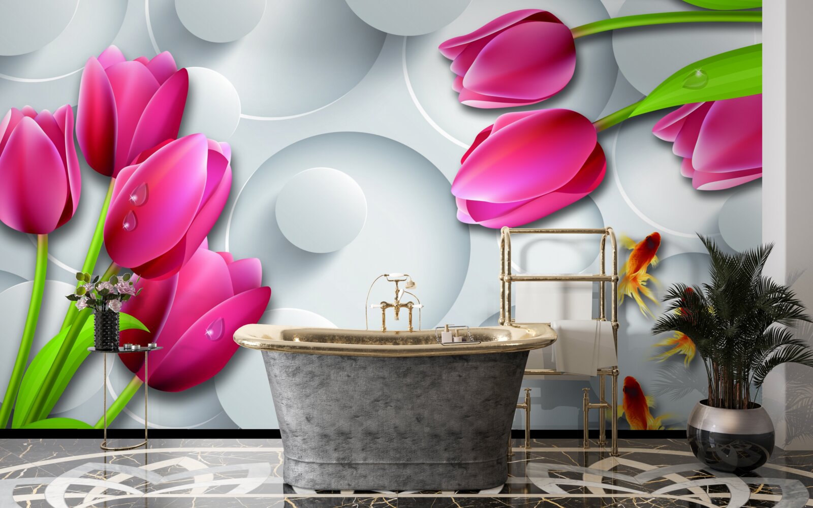 Papier peint papillons et bouquets de tulipes écarlates