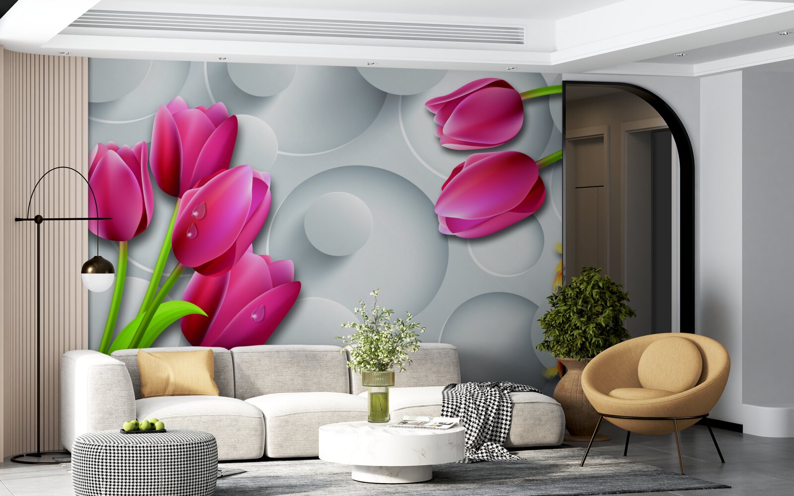 Papier peint papillons et bouquets de tulipes écarlates