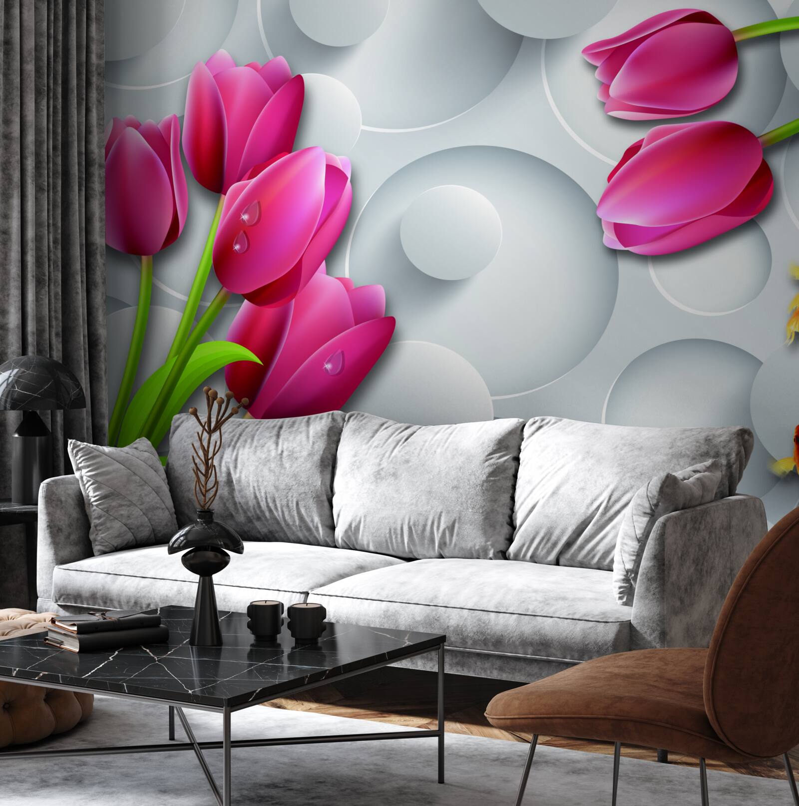 Papier peint papillons et bouquets de tulipes écarlates