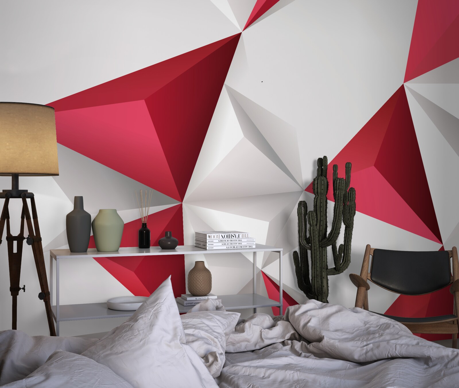 Papier peint triangles blancs et rouges de volume