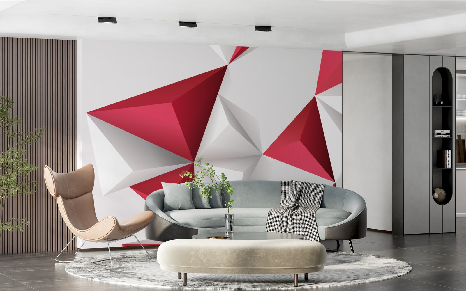 Papier peint triangles blancs et rouges de volume