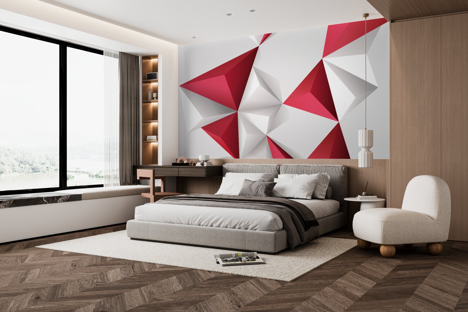 Papier peint triangles blancs et rouges de volume