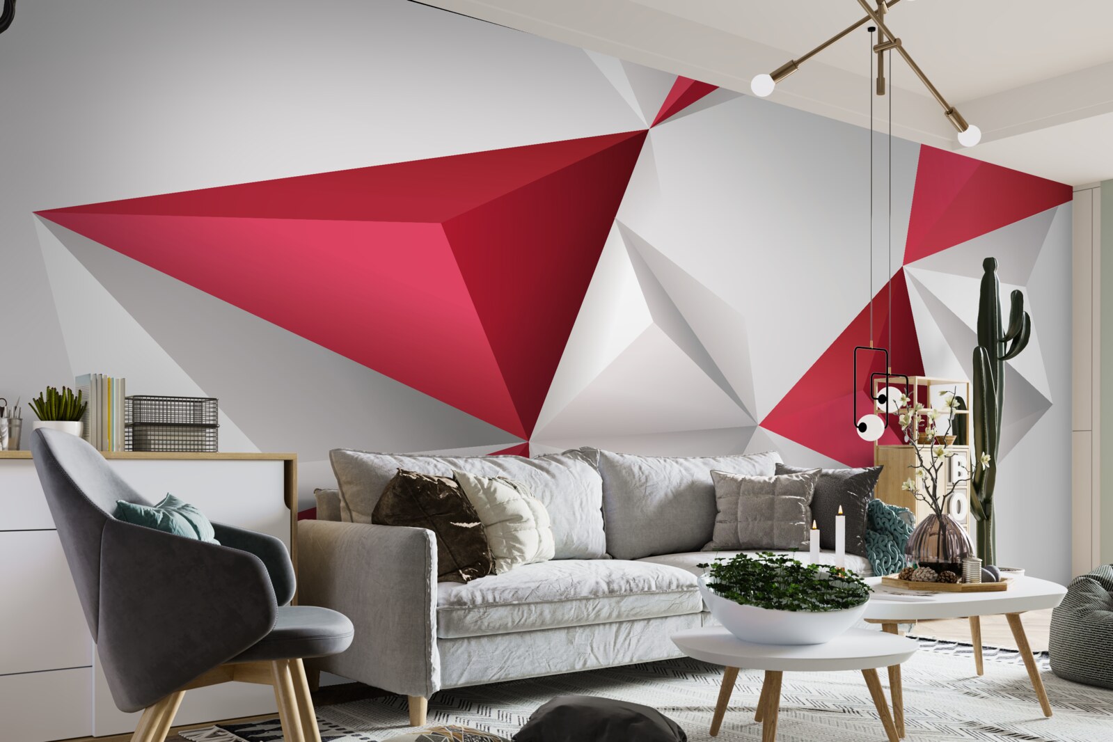 Papier peint triangles blancs et rouges de volume