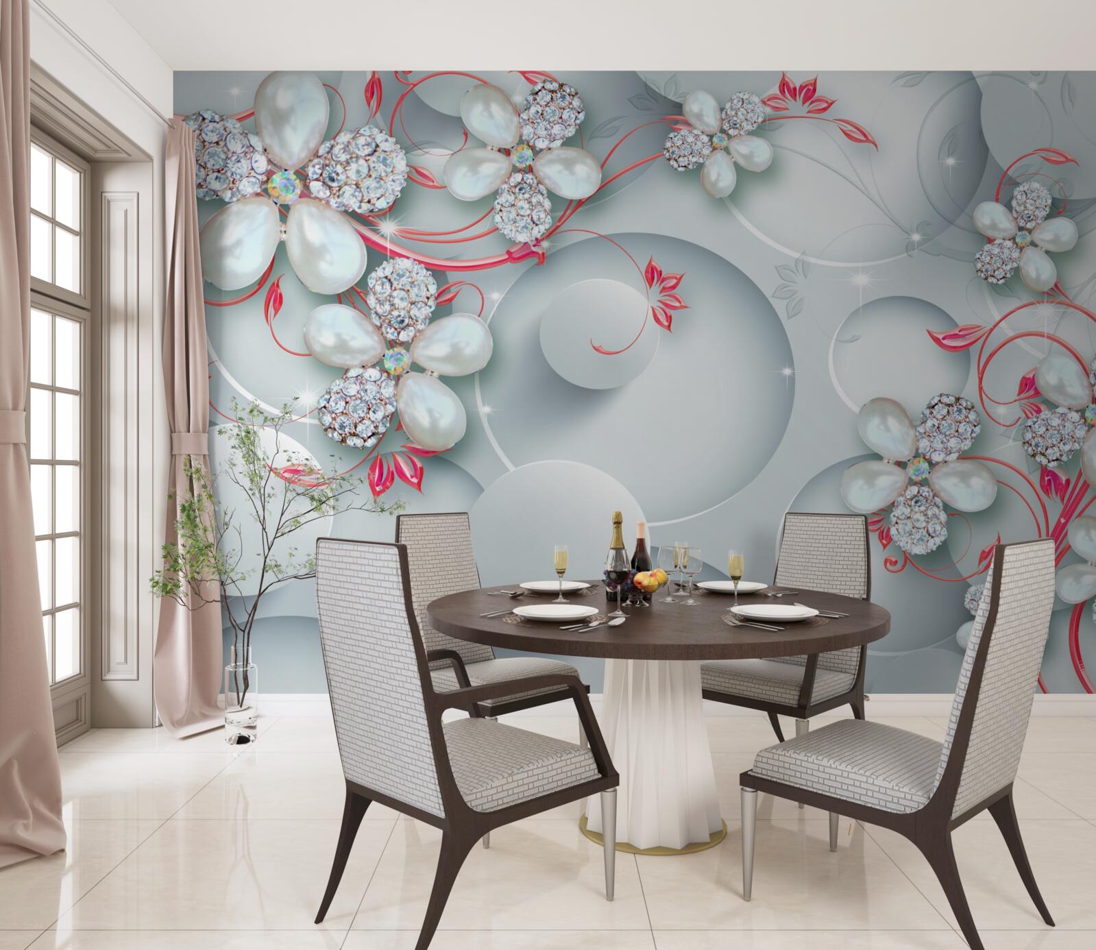 Papier peint Fleurs dans les tons blancs avec des éléments de perles et de strass