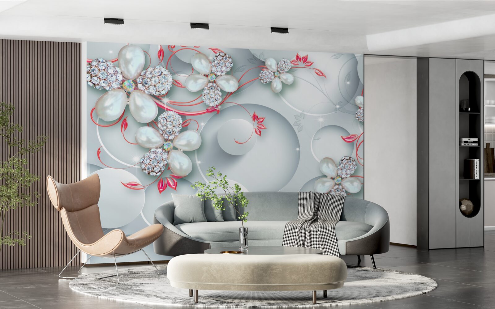 Papier peint Fleurs dans les tons blancs avec des éléments de perles et de strass