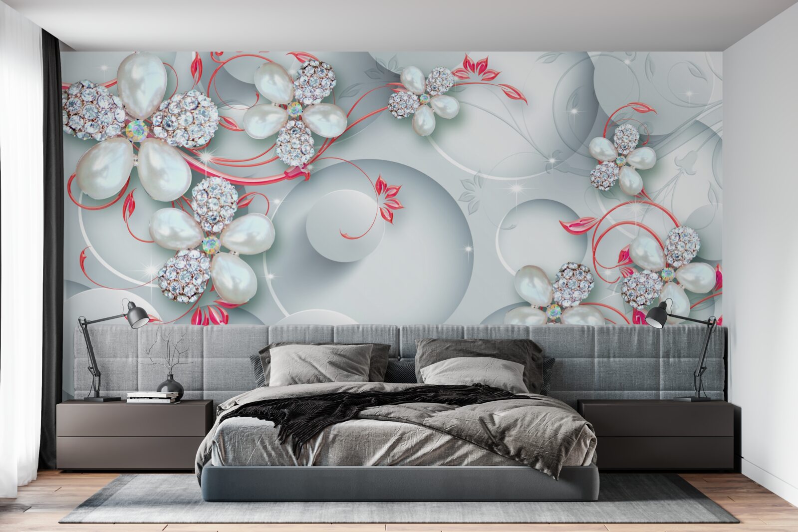 Papier peint Fleurs dans les tons blancs avec des éléments de perles et de strass