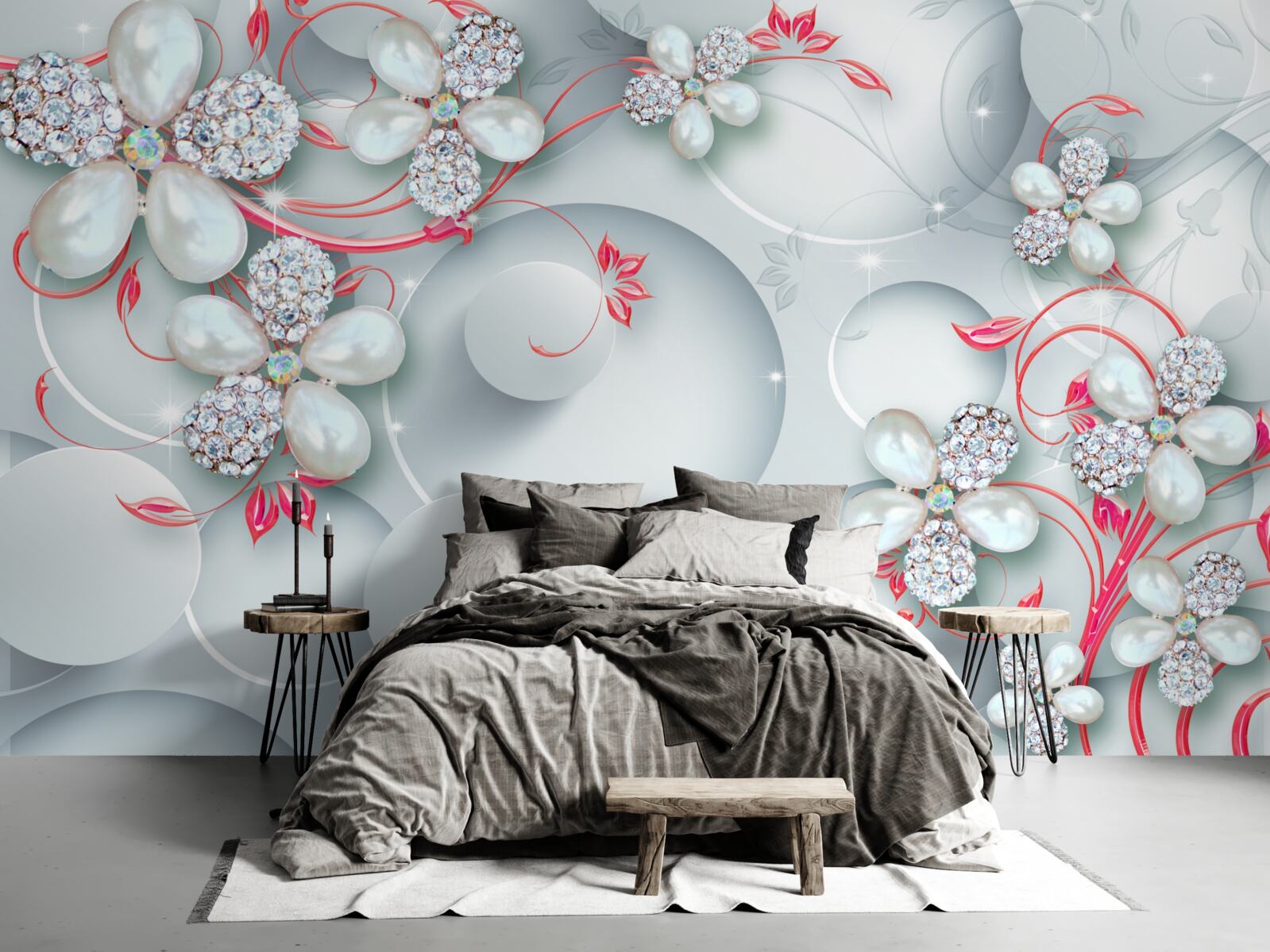 Papier peint Fleurs dans les tons blancs avec des éléments de perles et de strass