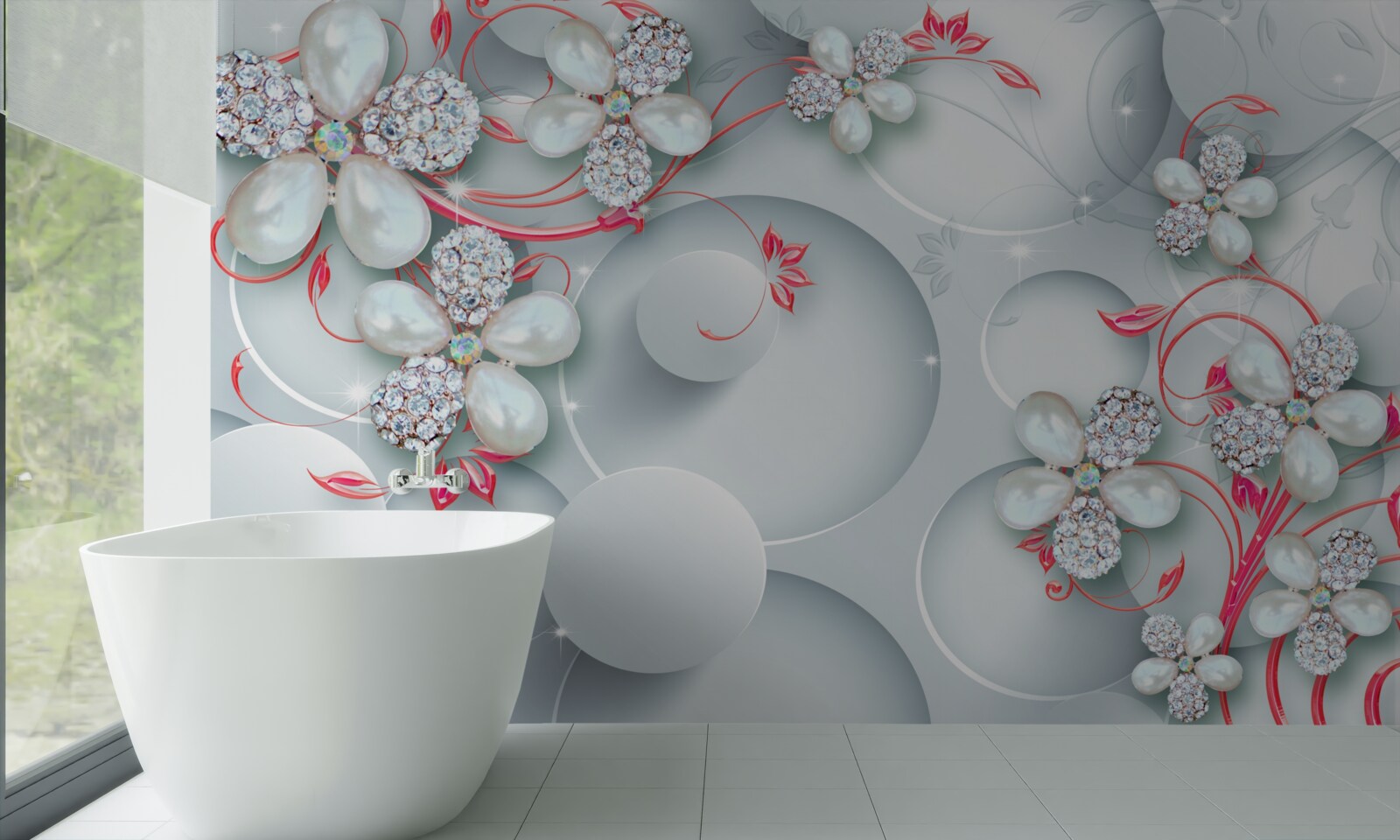 Papier peint Fleurs dans les tons blancs avec des éléments de perles et de strass