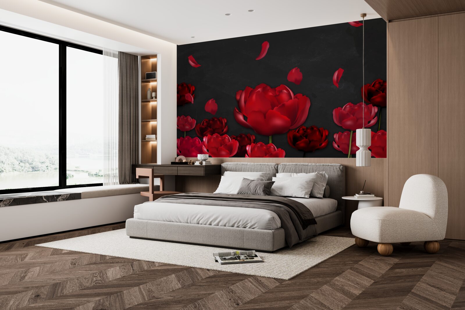 Papier peint roses rouges tombantes