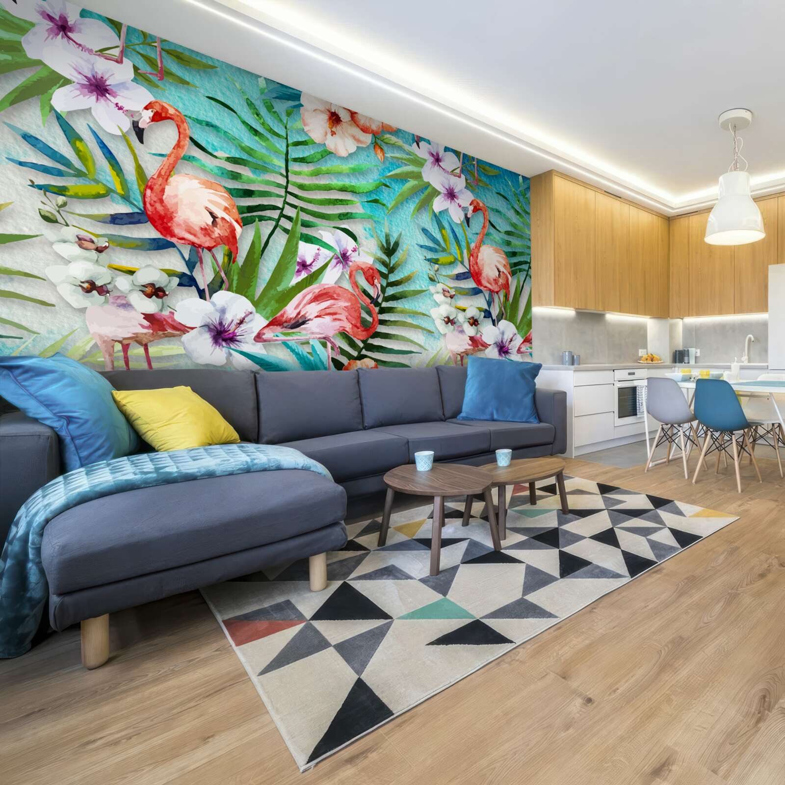 Papier peint les feuilles sont entourées de flamants roses