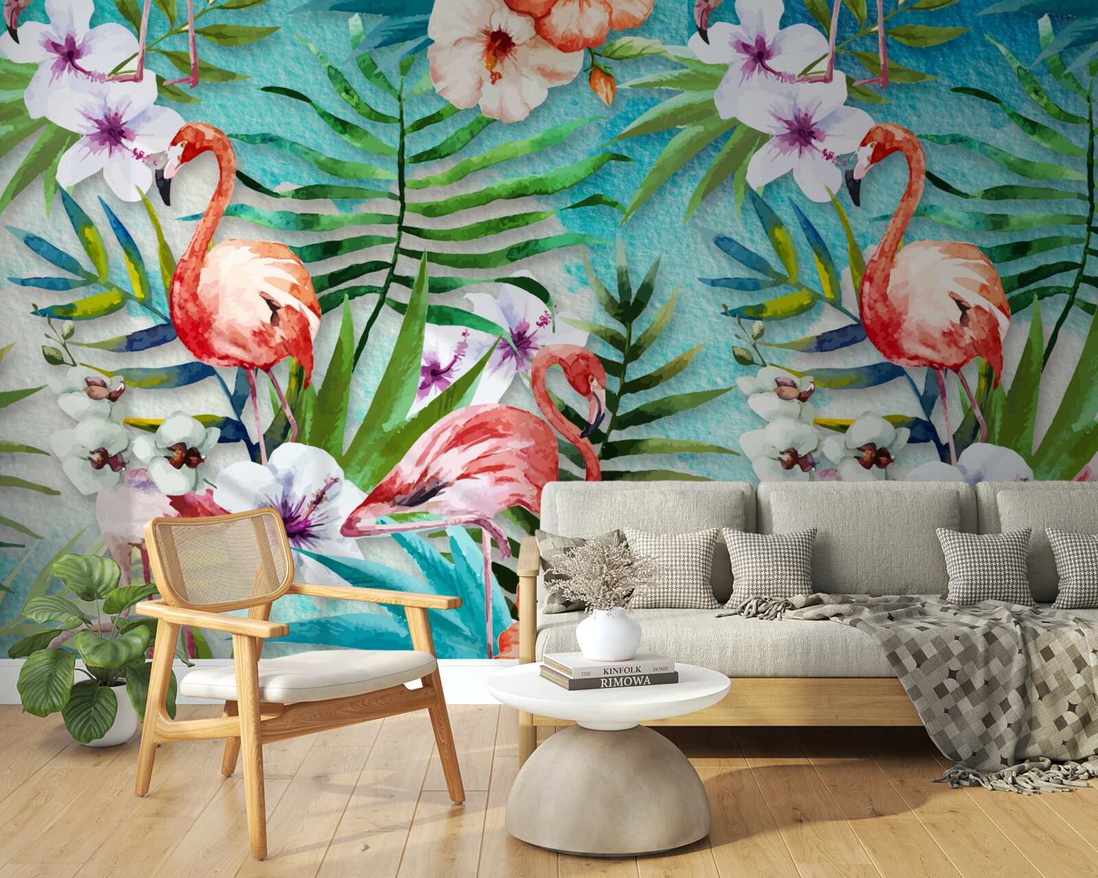 Papier peint les feuilles sont entourées de flamants roses