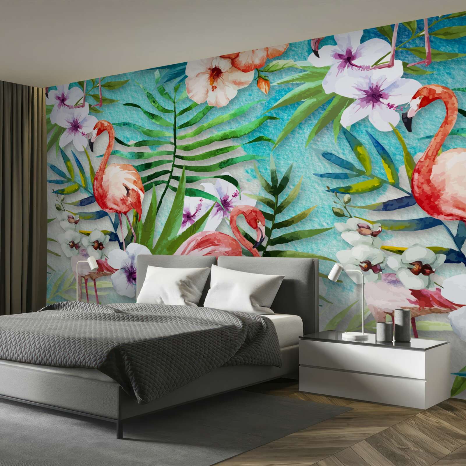 Papier peint les feuilles sont entourées de flamants roses