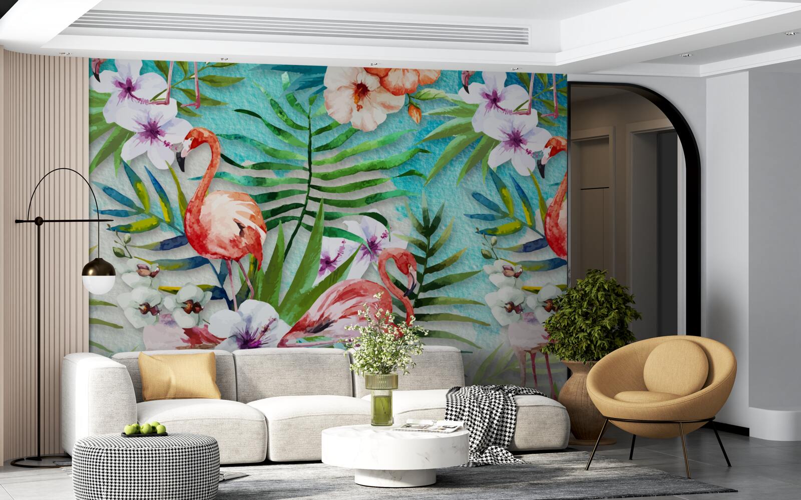 Papier peint les feuilles sont entourées de flamants roses