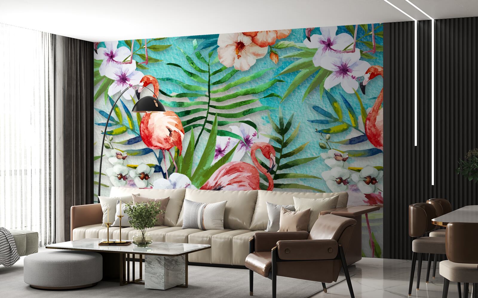 Papier peint les feuilles sont entourées de flamants roses