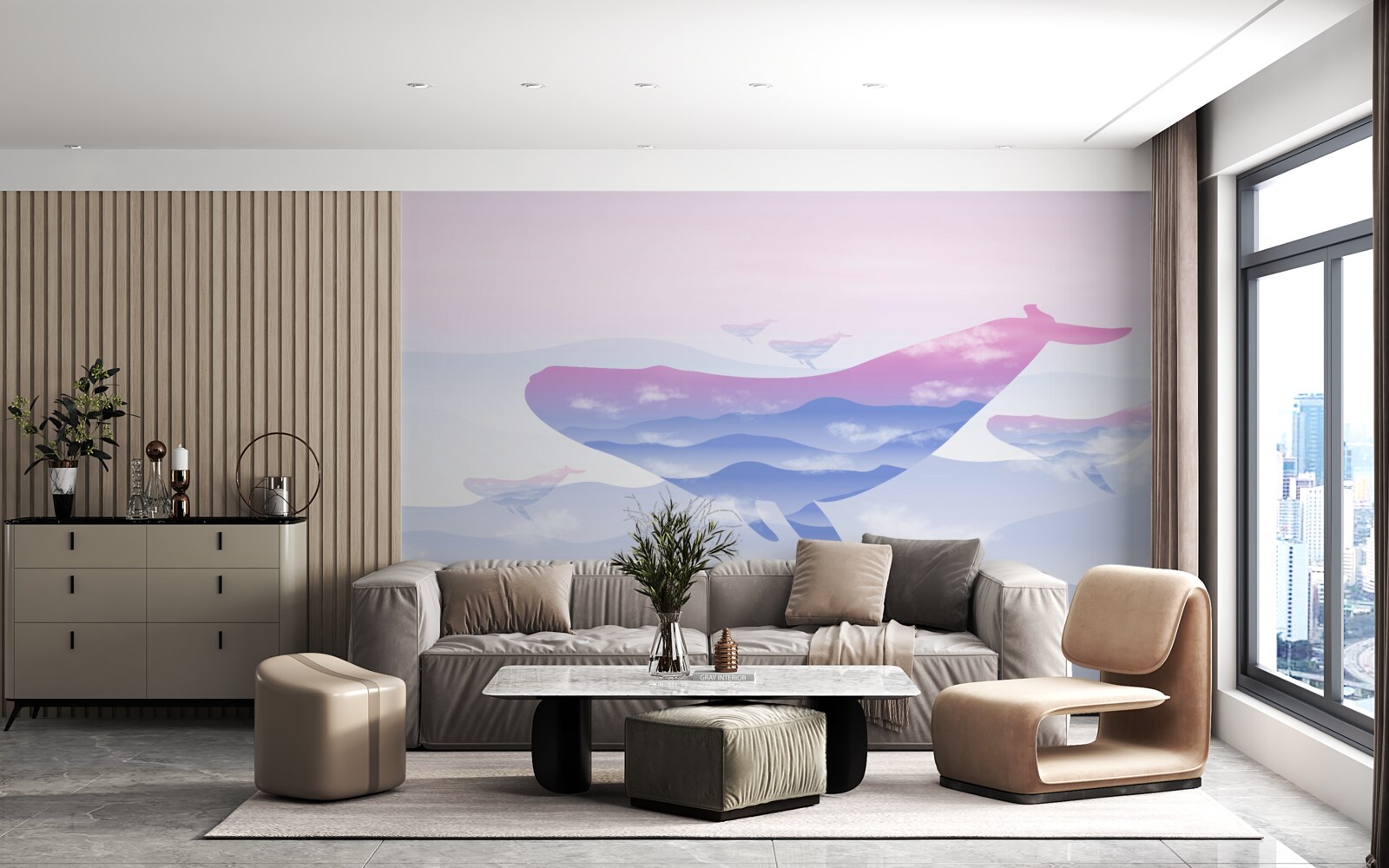 Papier peint baleine planant parmi les nuages