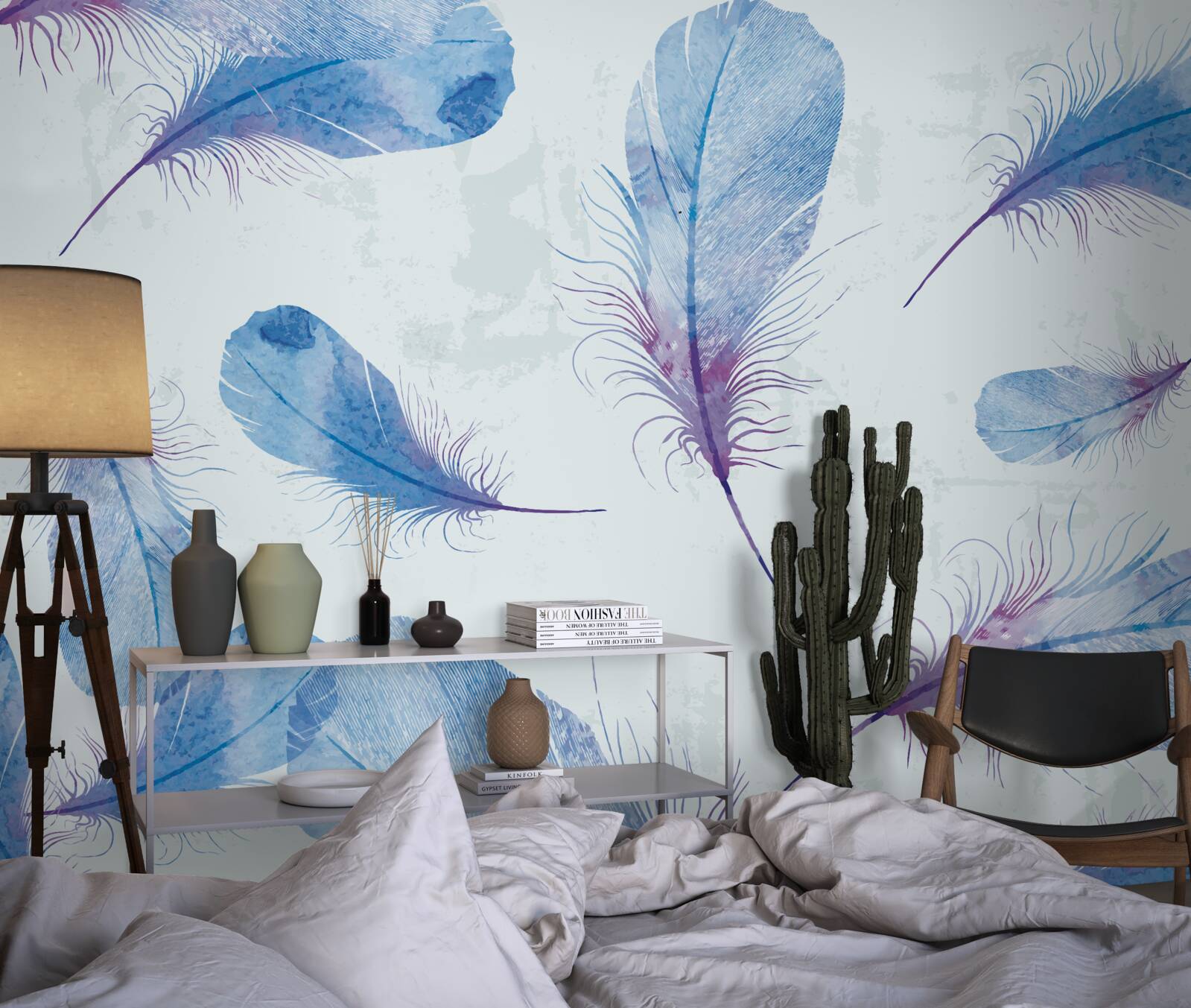 Papier peint plumes bleues sur fond blanc