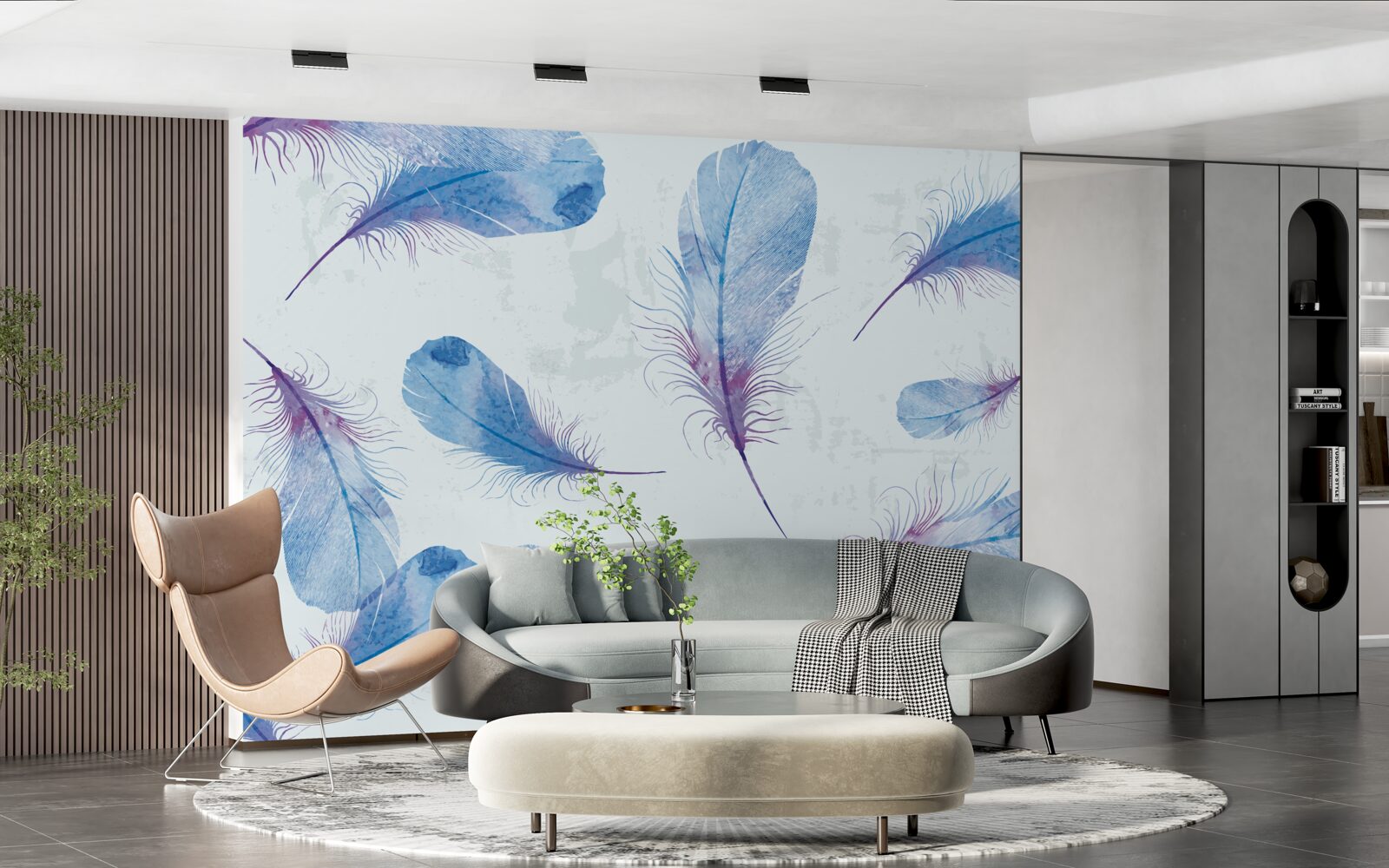 Papier peint plumes bleues sur fond blanc