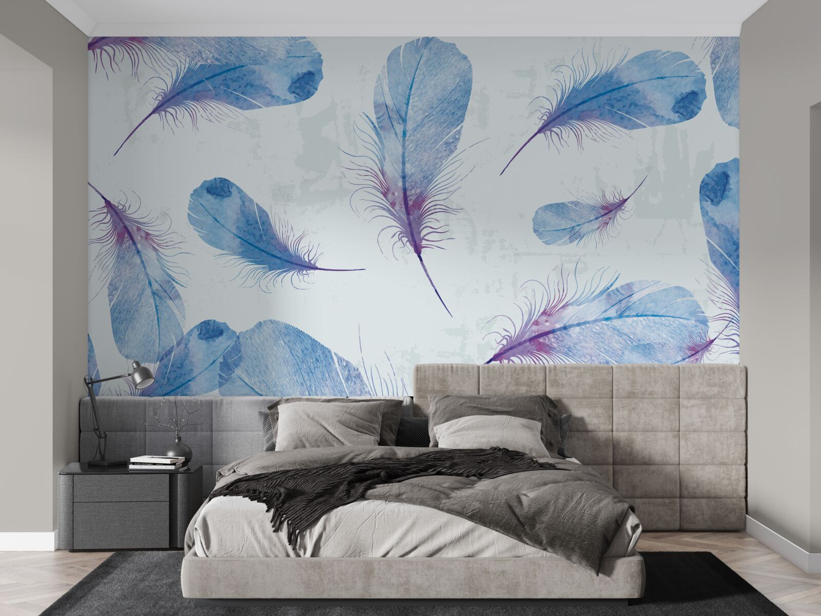 Papier peint plumes bleues sur fond blanc