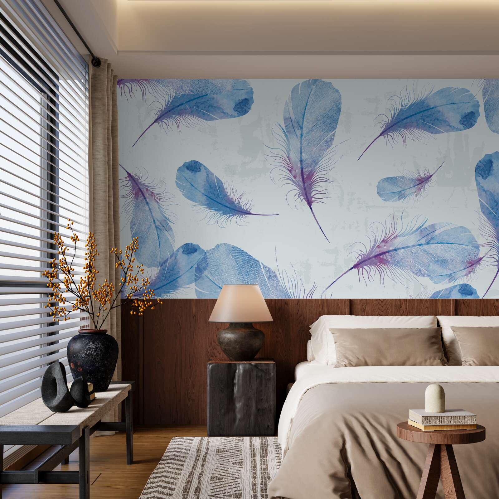 Papier peint plumes bleues sur fond blanc