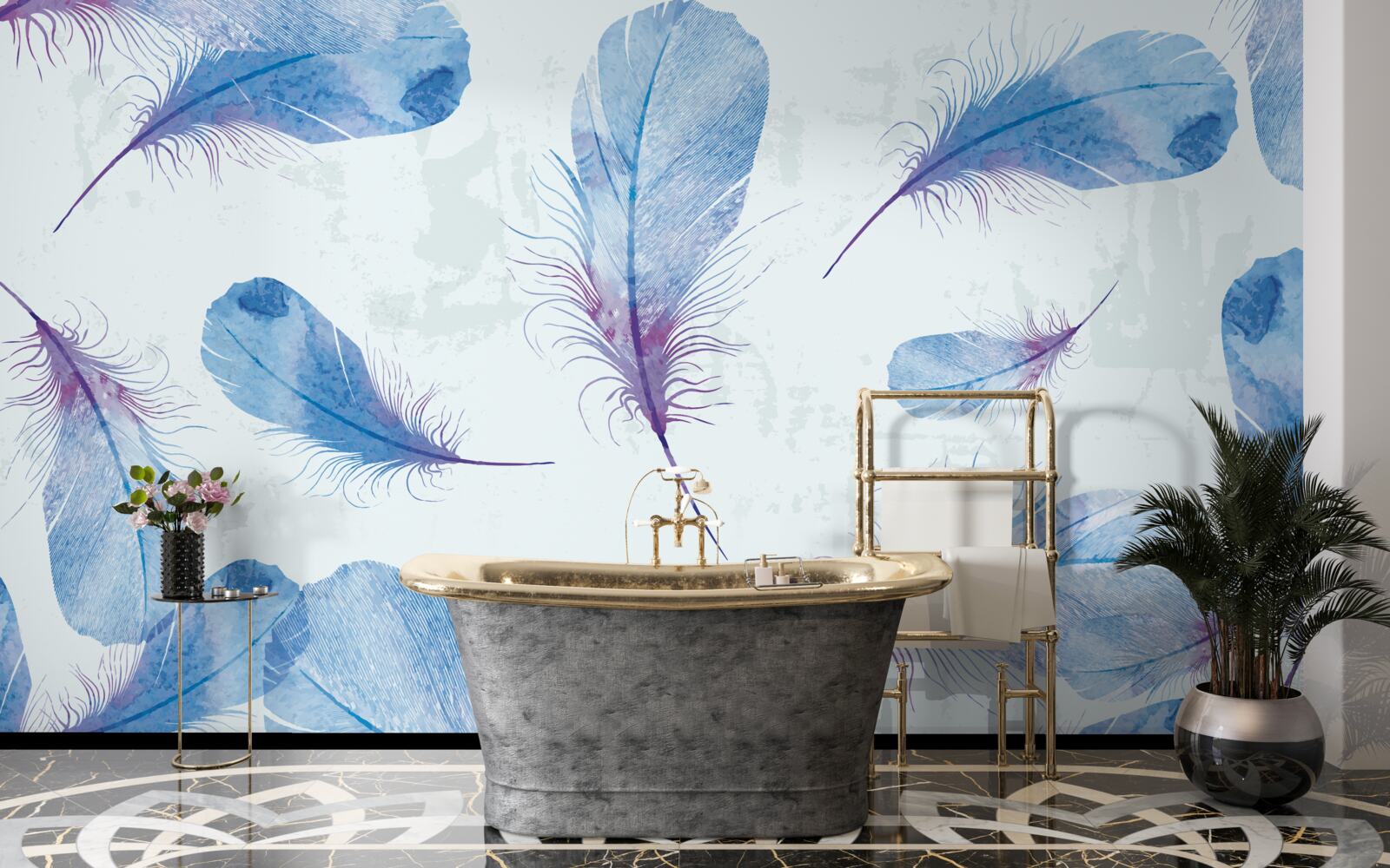 Papier peint plumes bleues sur fond blanc