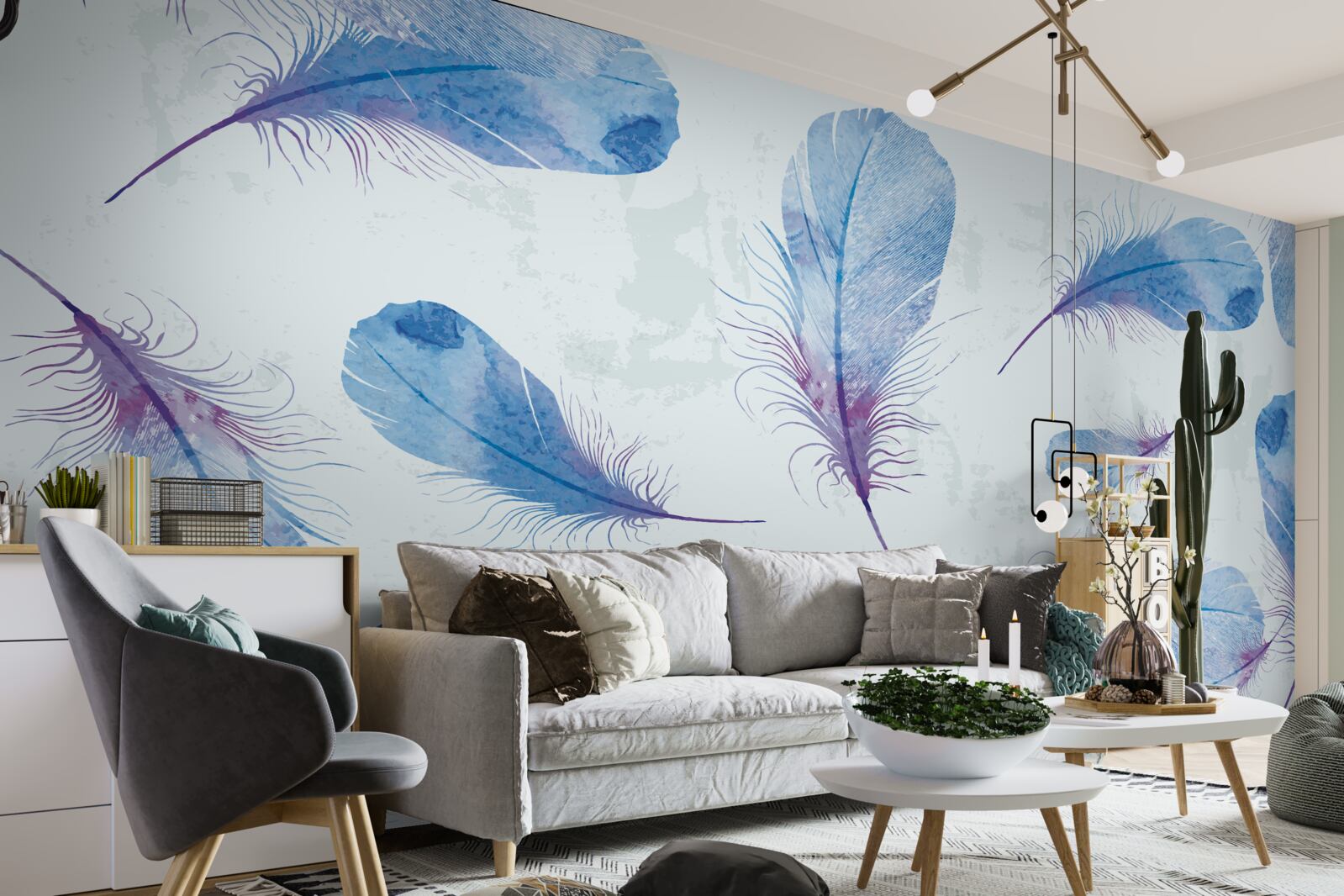 Papier peint plumes bleues sur fond blanc