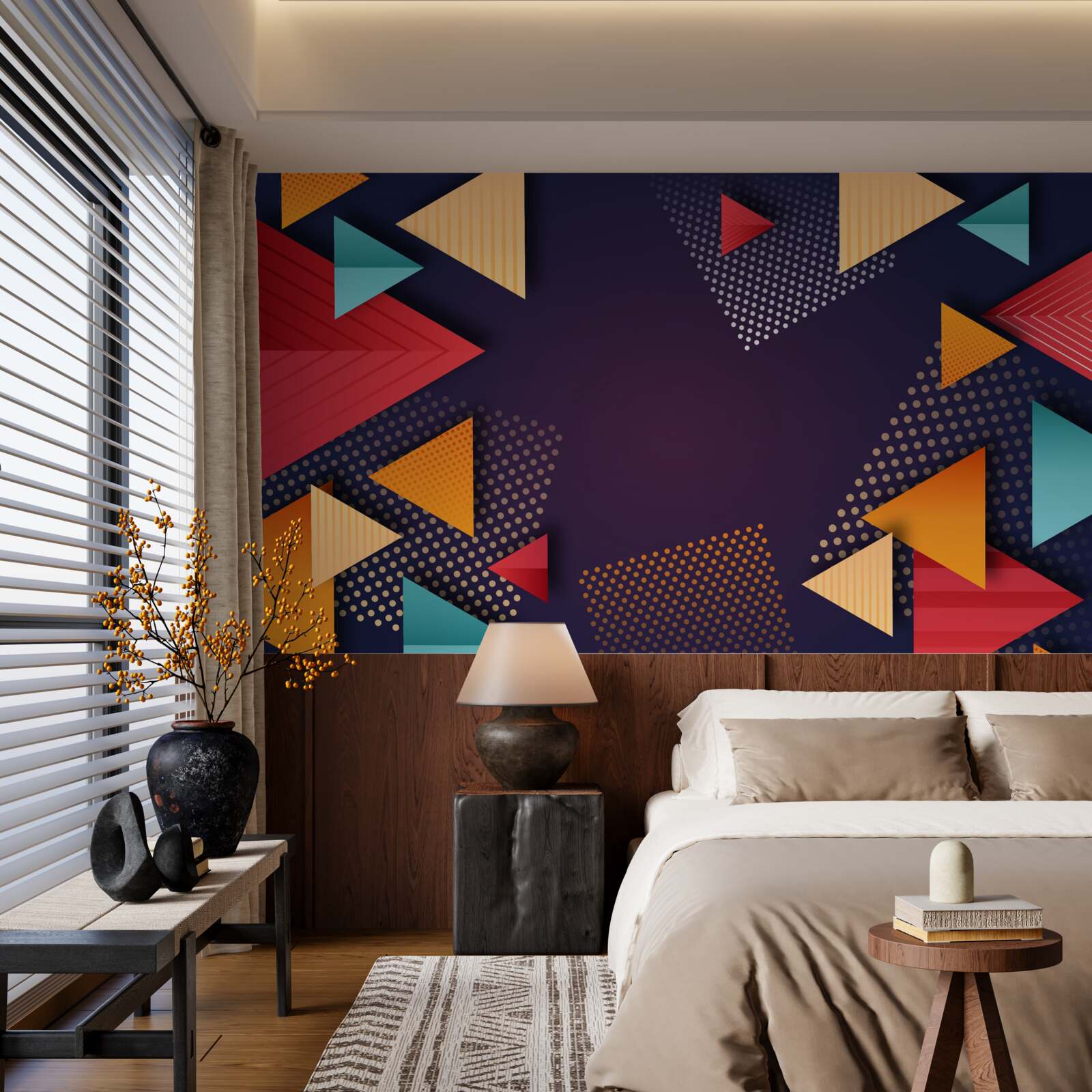 Papier peint triangles de différentes teintes sur fond violet