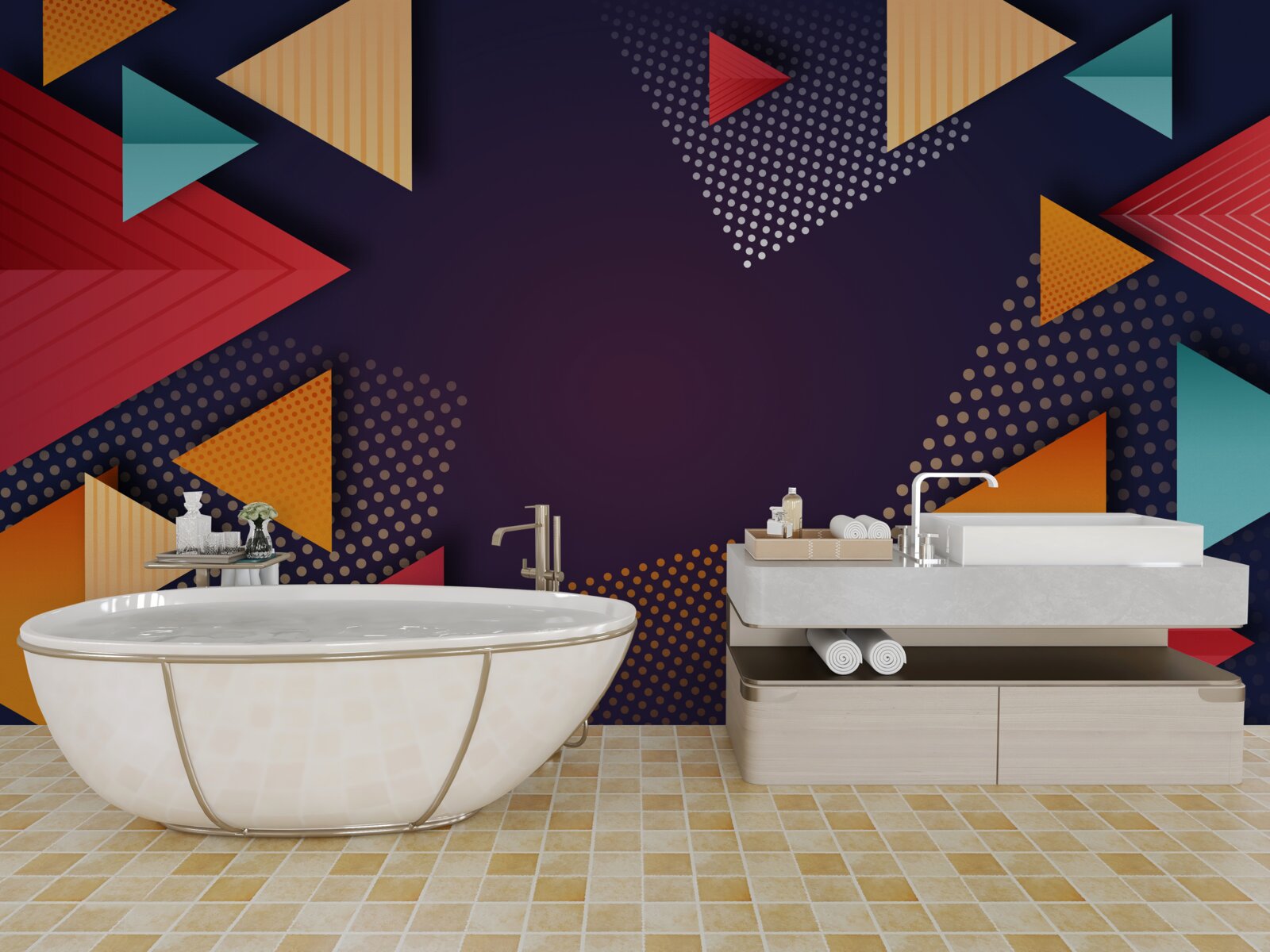 Papier peint triangles de différentes teintes sur fond violet