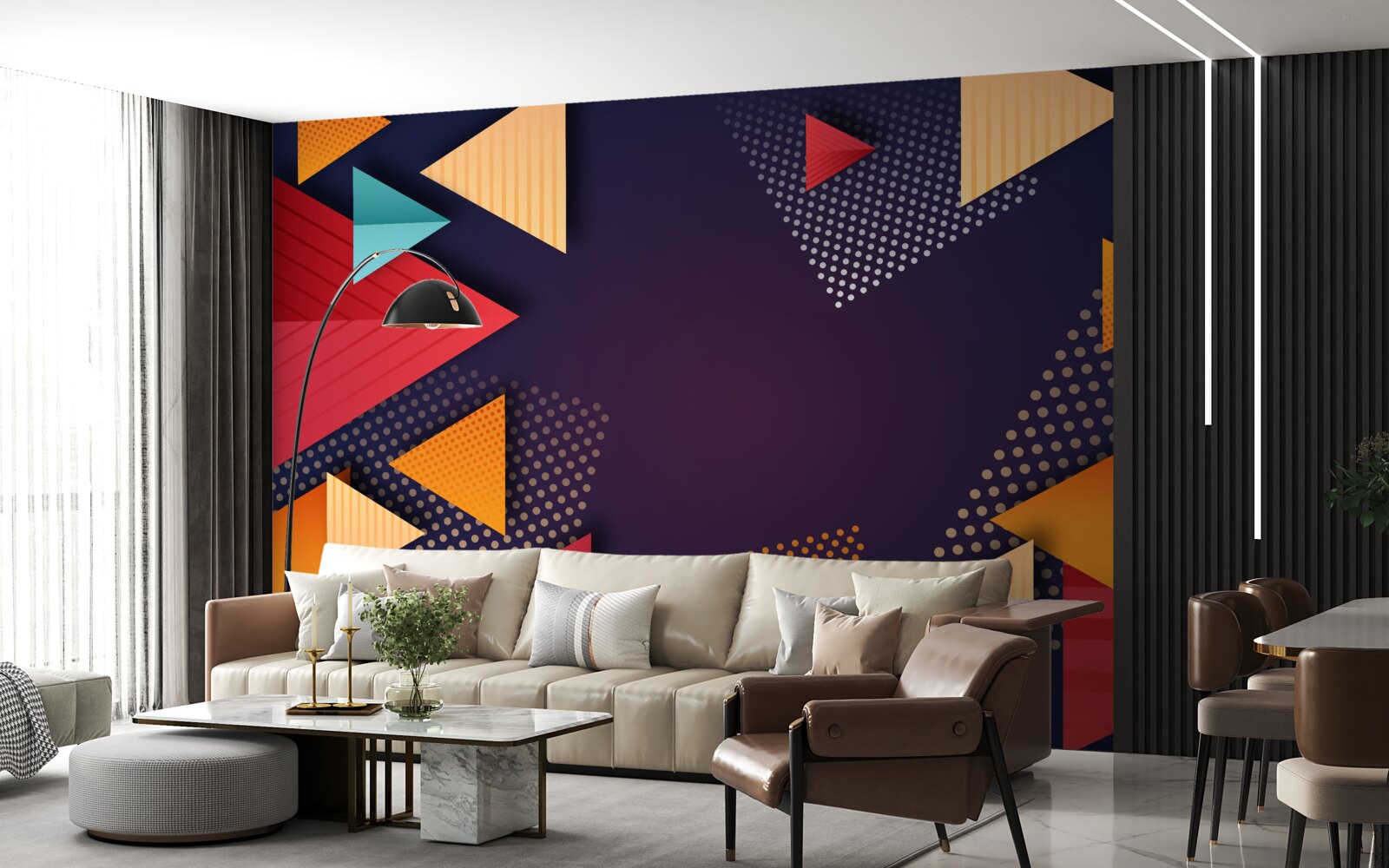 Papier peint triangles de différentes teintes sur fond violet