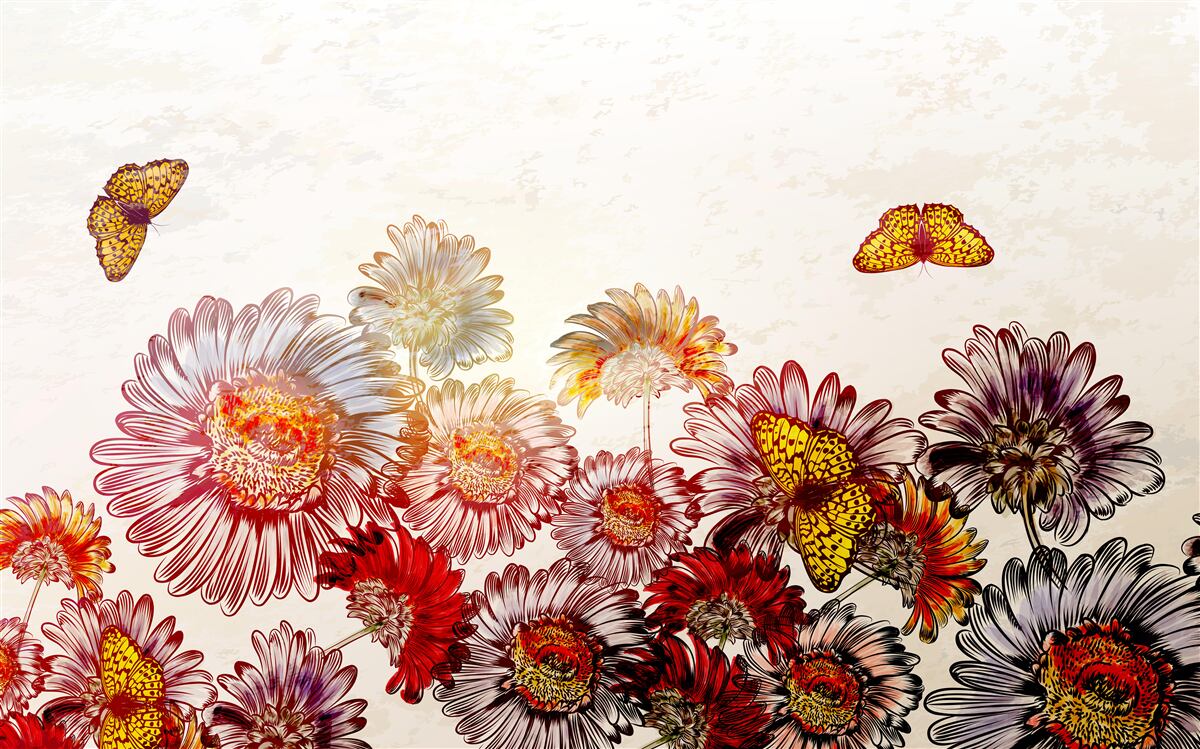 Papier peint les fleurs brillantes attirent les papillons