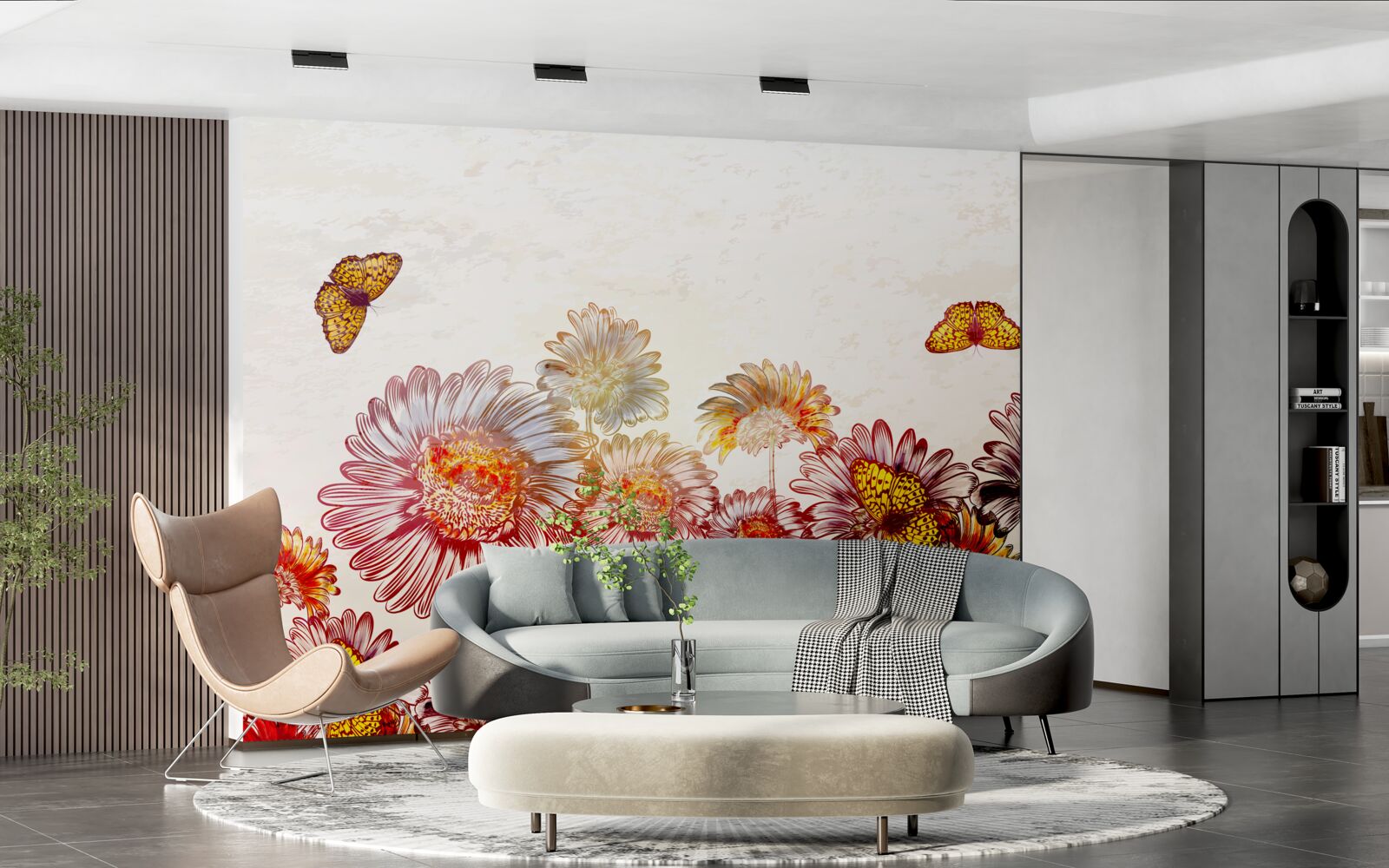 Papier peint les fleurs brillantes attirent les papillons