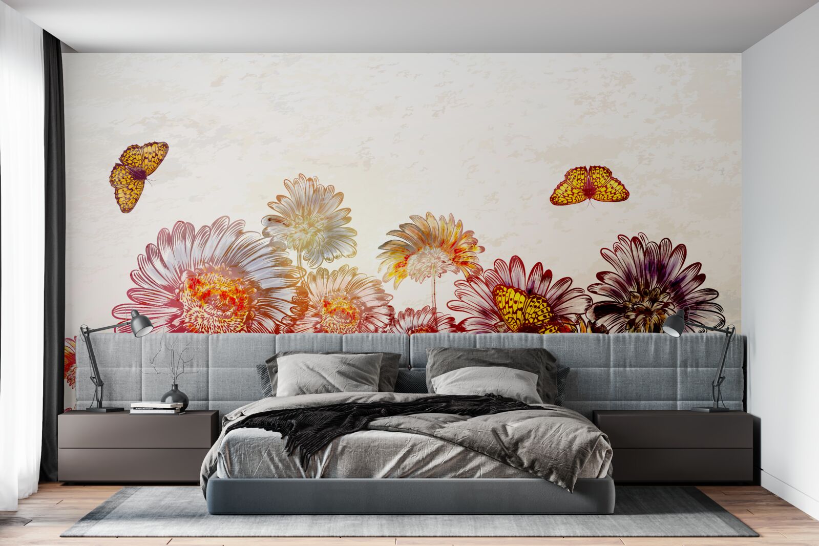 Papier peint les fleurs brillantes attirent les papillons