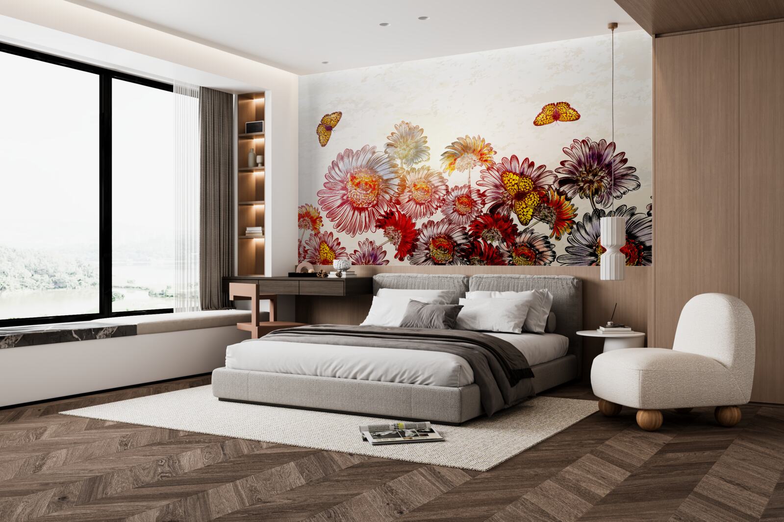 Papier peint les fleurs brillantes attirent les papillons