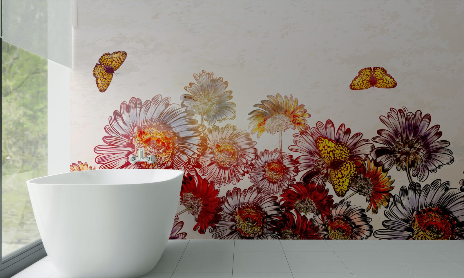 Papier peint les fleurs brillantes attirent les papillons