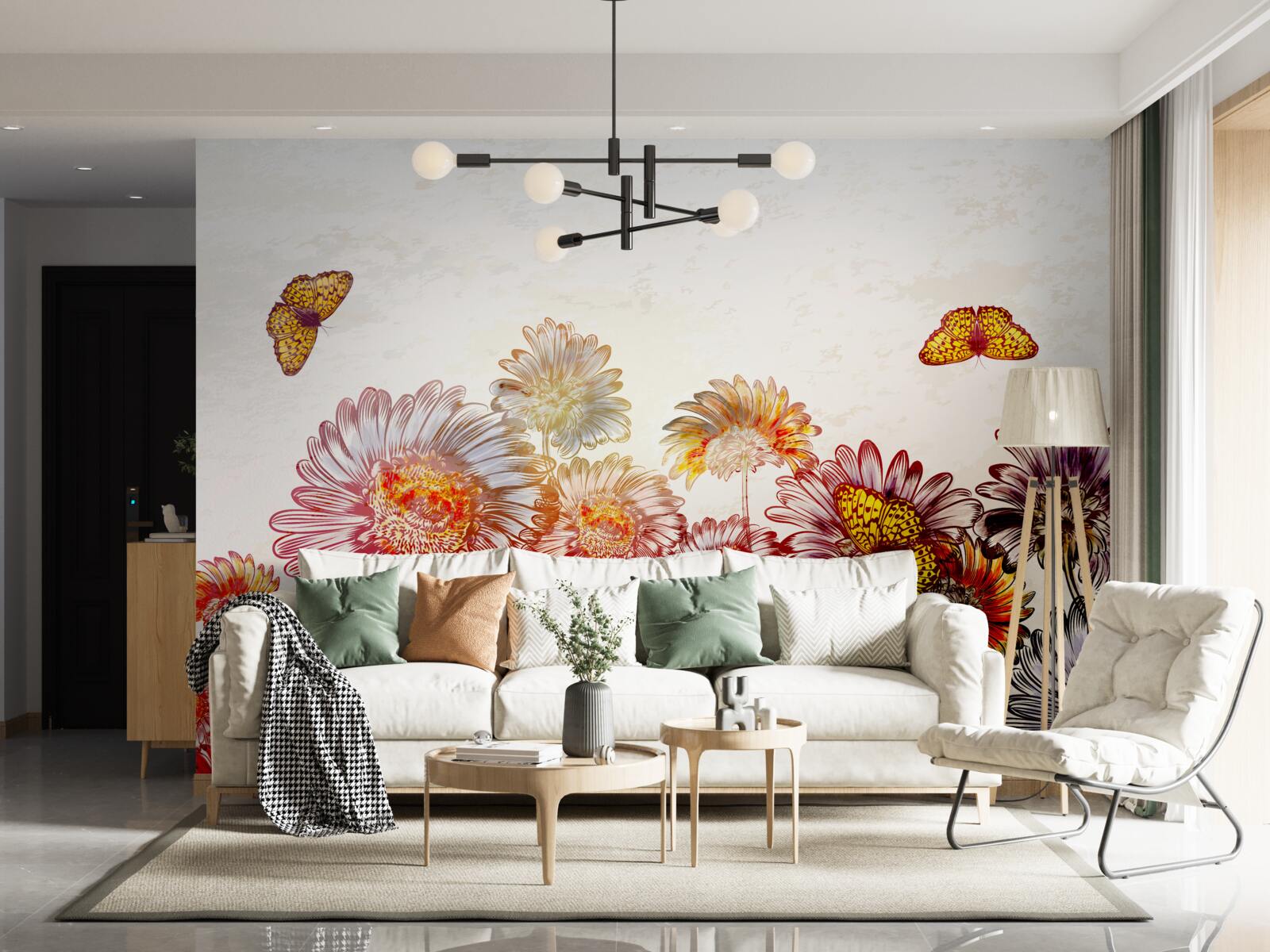 Papier peint les fleurs brillantes attirent les papillons