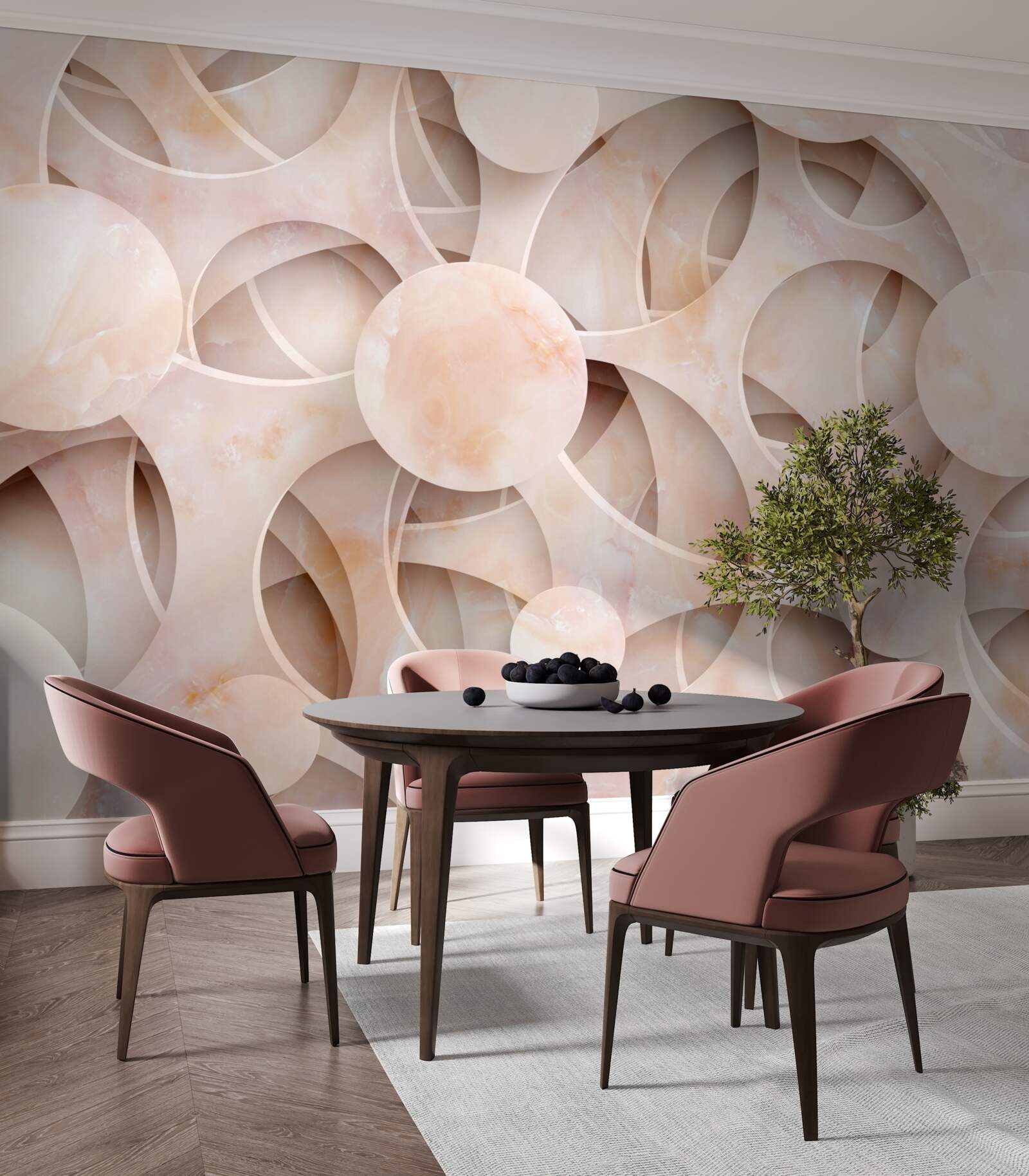 Papier peint formes arrondies et lignes courbes sur fond rose