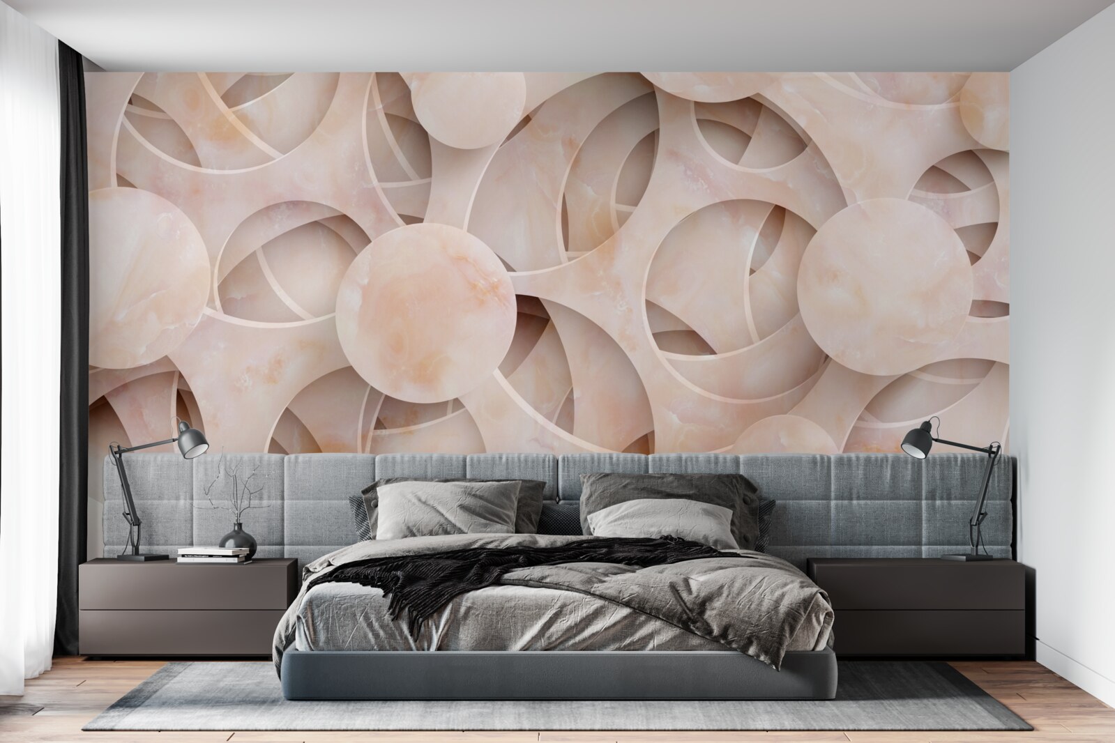 Papier peint formes arrondies et lignes courbes sur fond rose