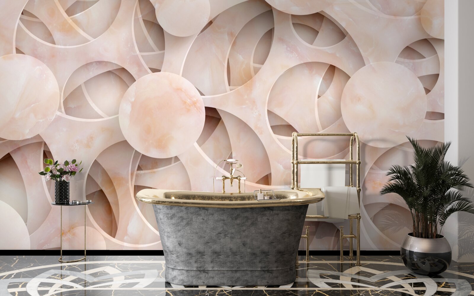 Papier peint formes arrondies et lignes courbes sur fond rose