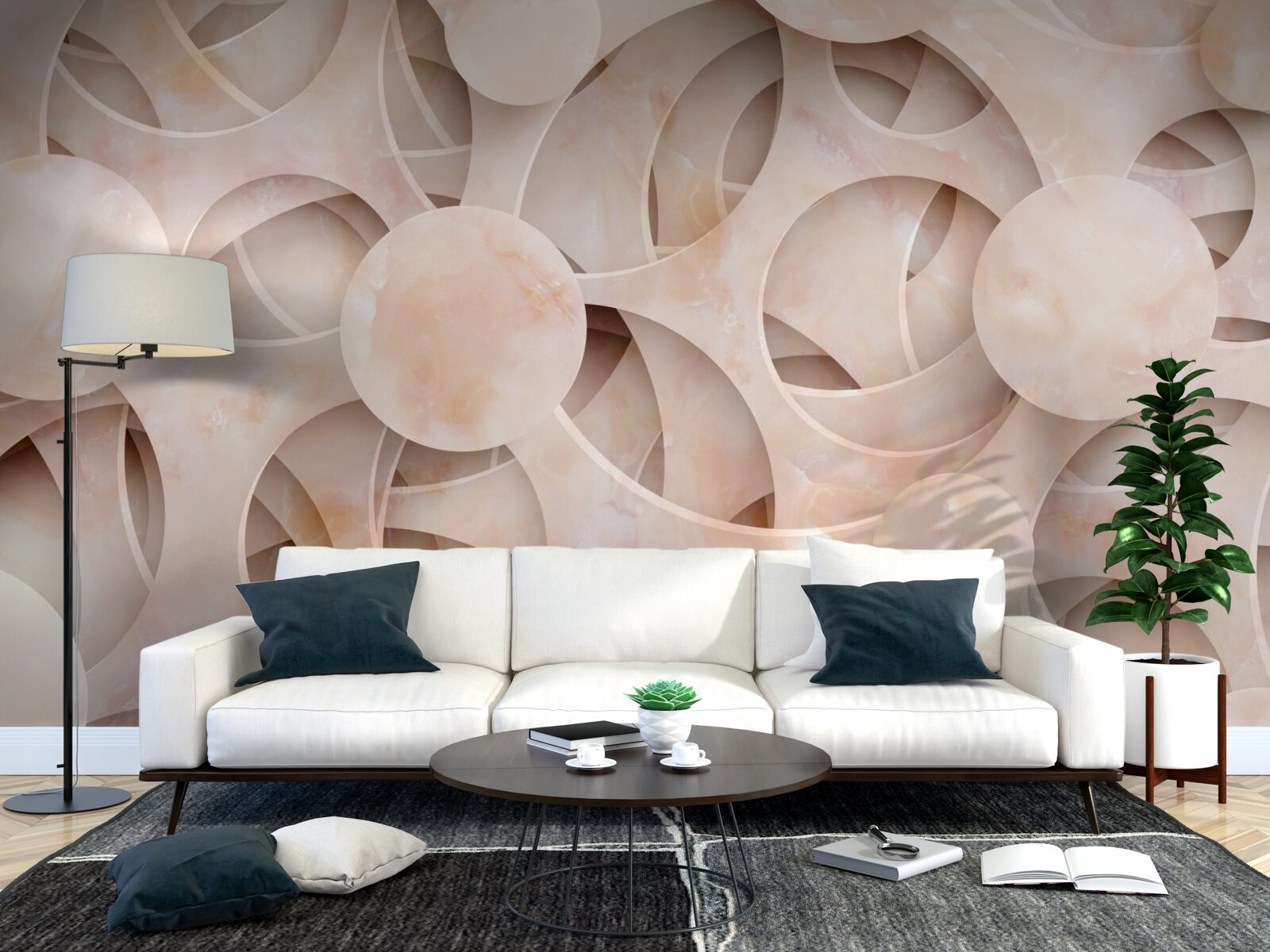 Papier peint formes arrondies et lignes courbes sur fond rose