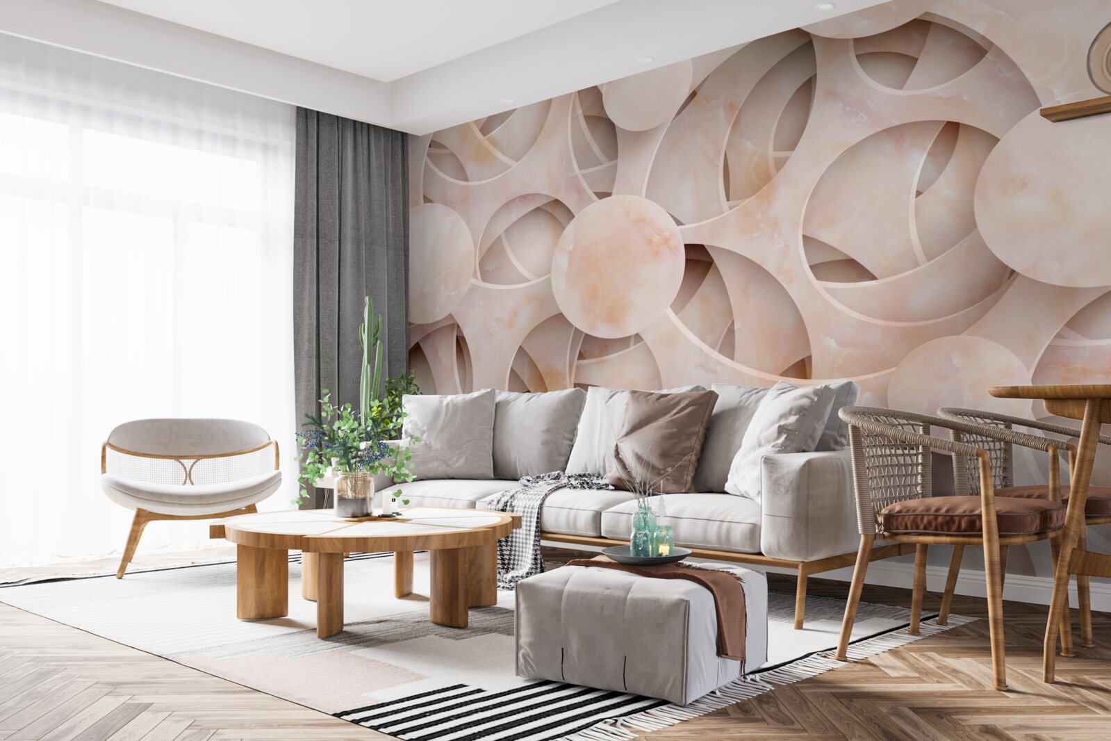 Papier peint formes arrondies et lignes courbes sur fond rose