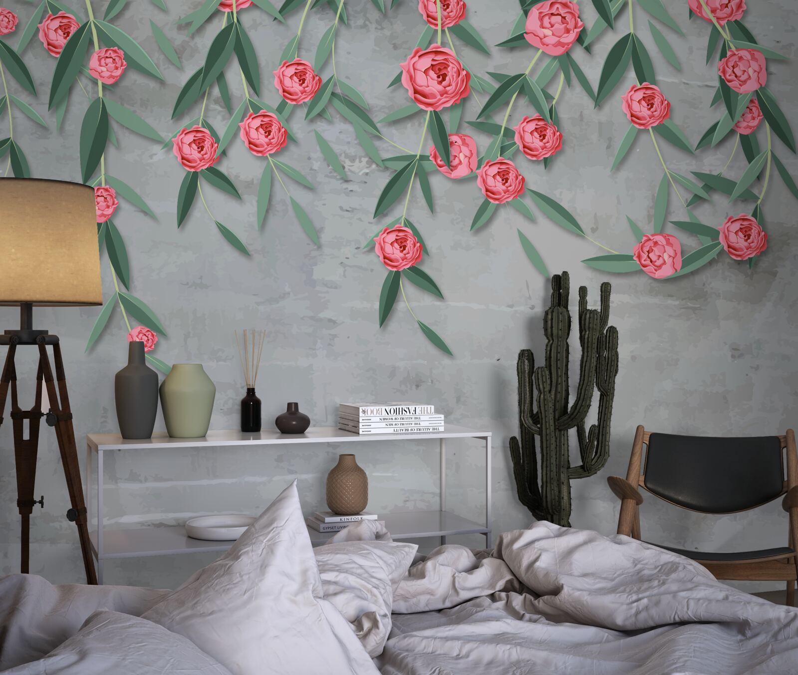 Papier peint nocturne floral en rose