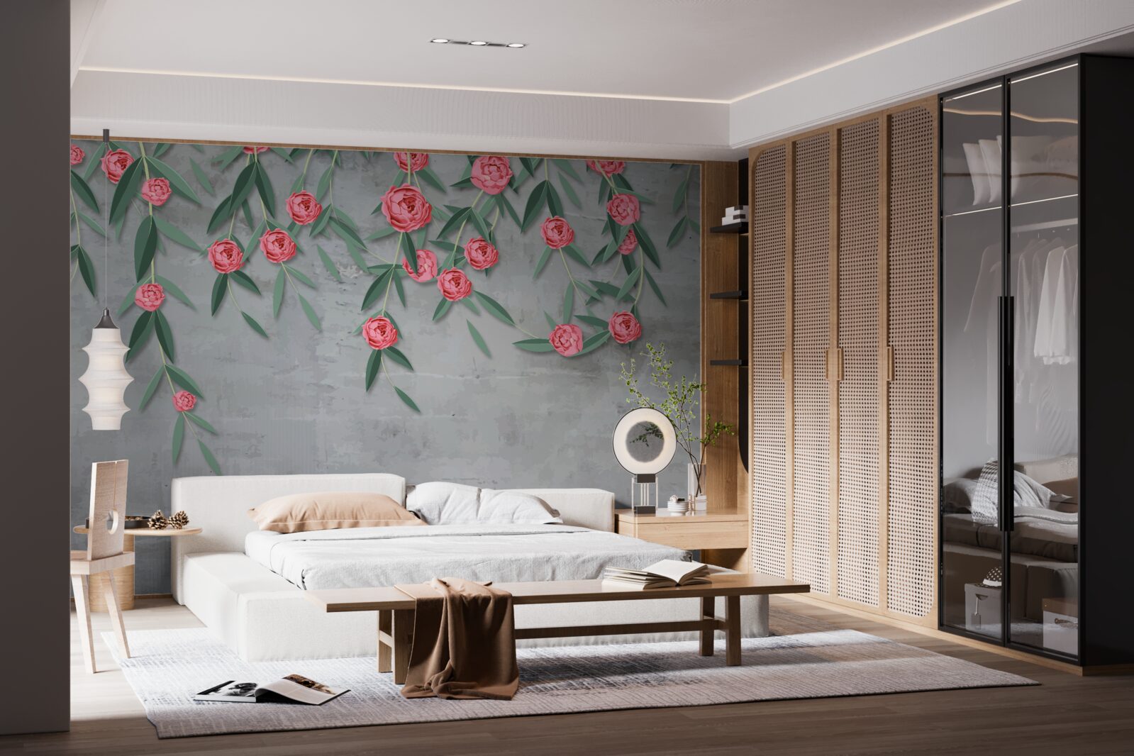 Papier peint nocturne floral en rose