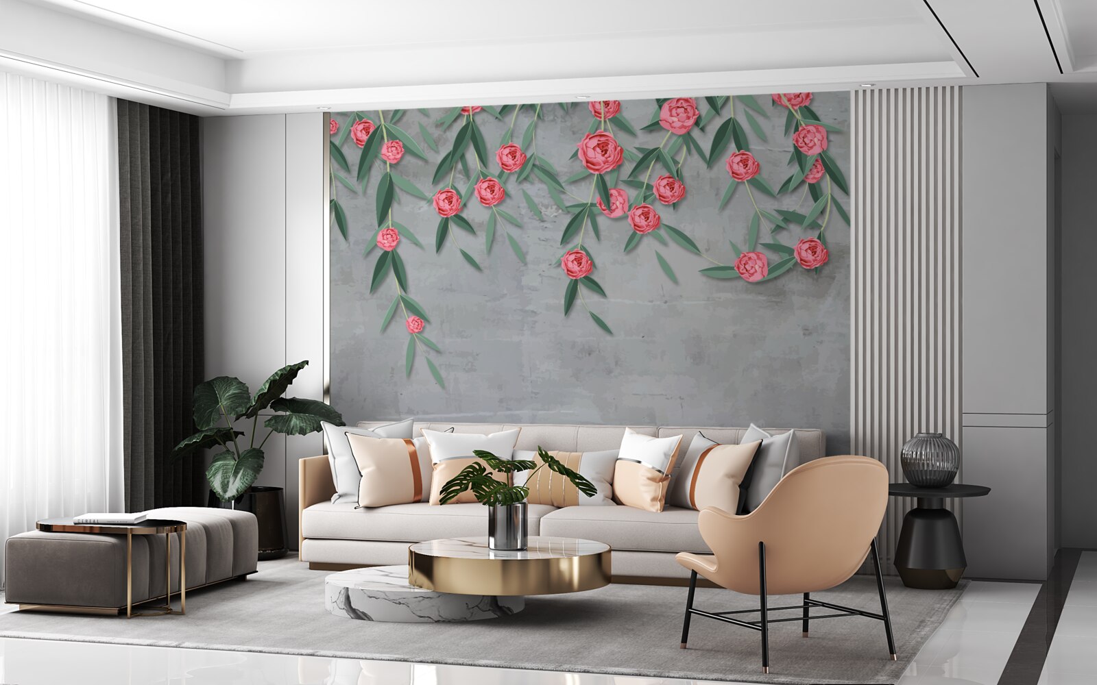 Papier peint nocturne floral en rose