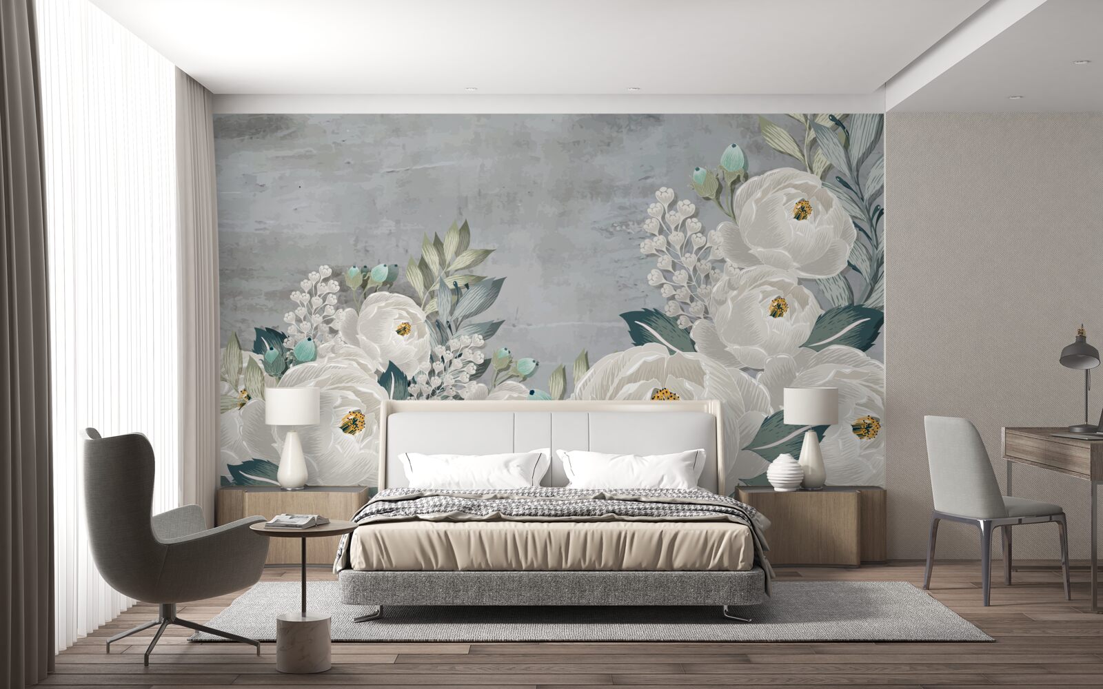 Papier peint pivoines blanches à minuit