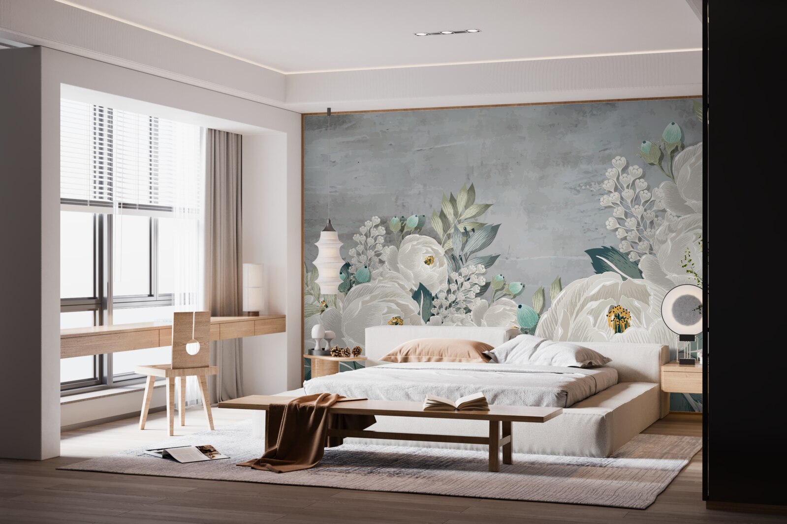 Papier peint pivoines blanches à minuit