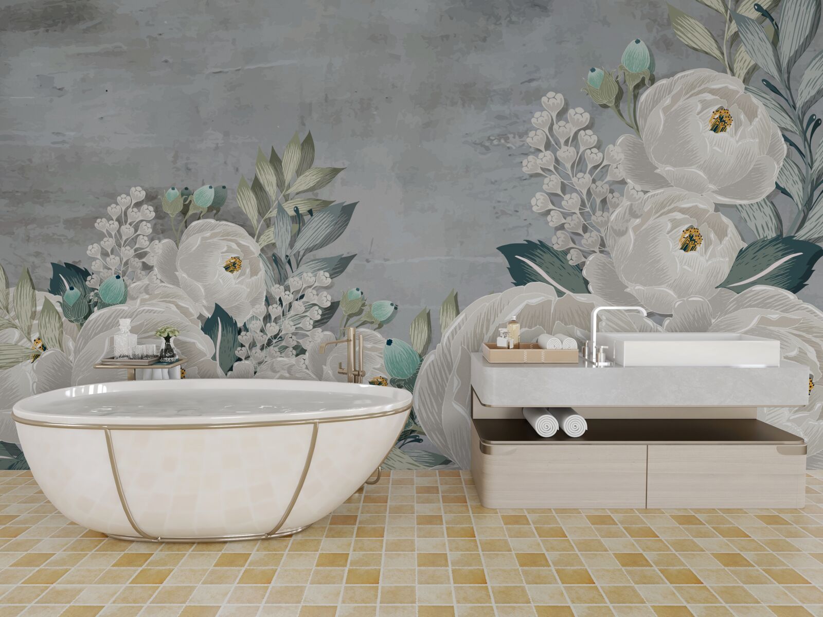 Papier peint pivoines blanches à minuit