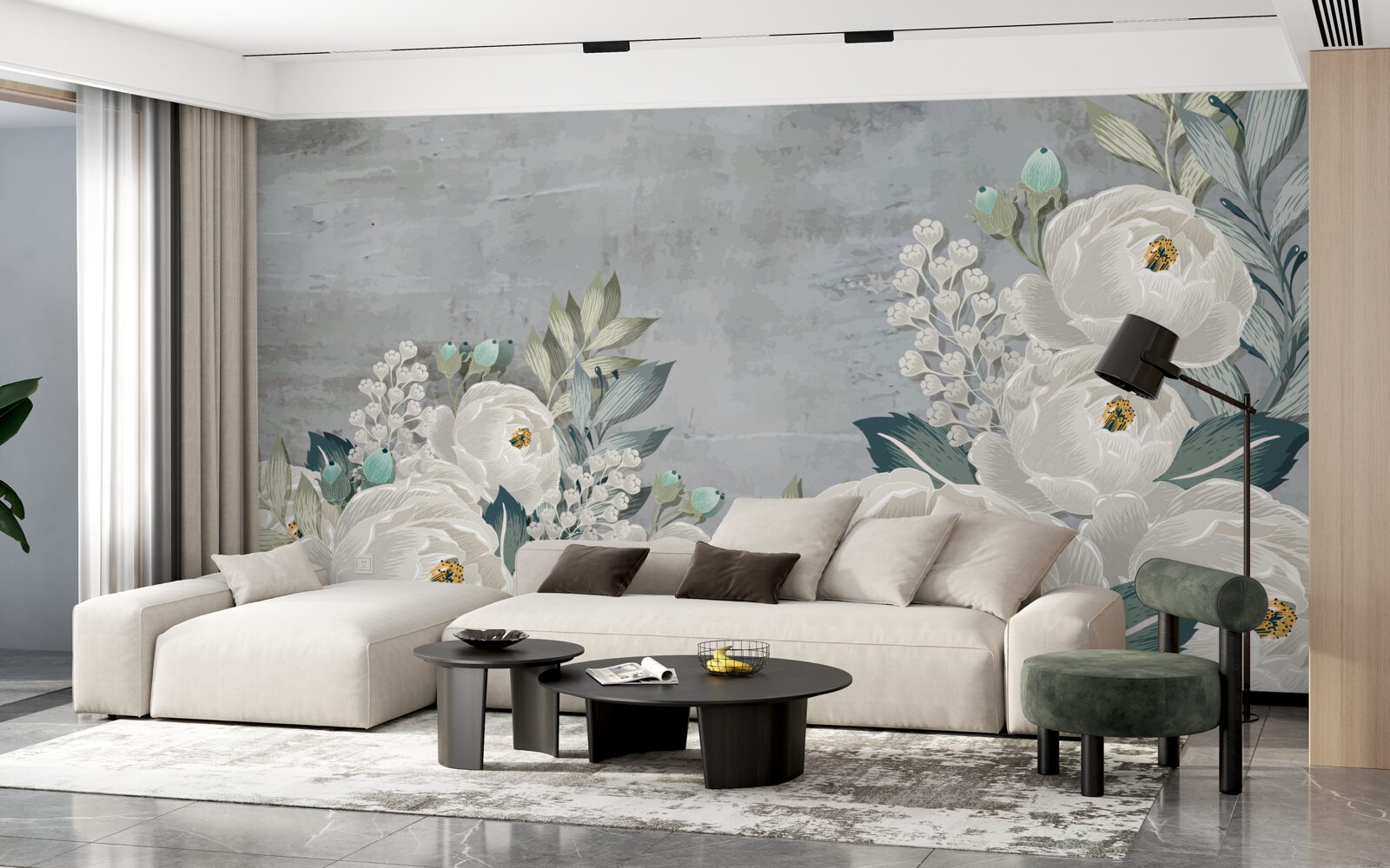 Papier peint pivoines blanches à minuit